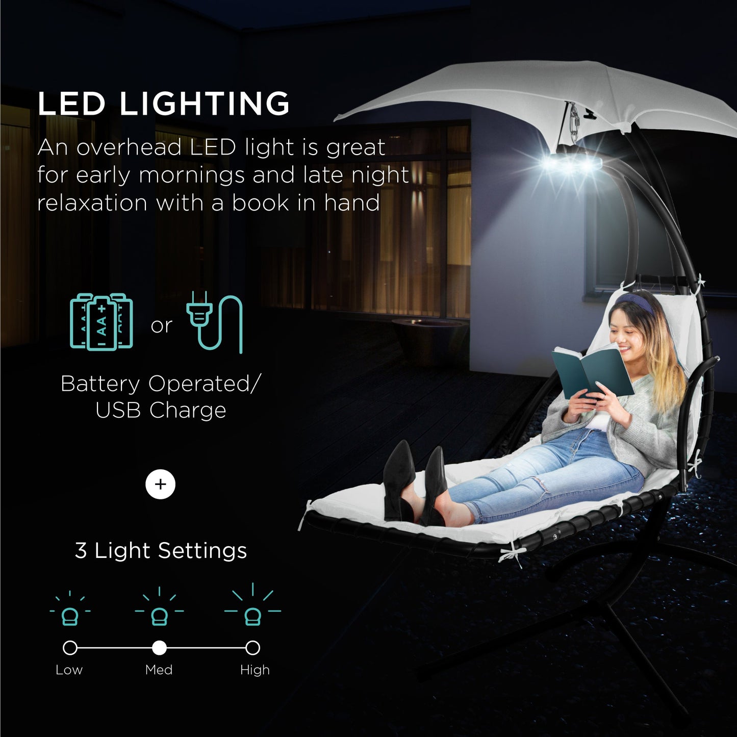 Hanging LED-Lit Curved Chaise Lounge Chair w/ Pillow, Canopy, Stand