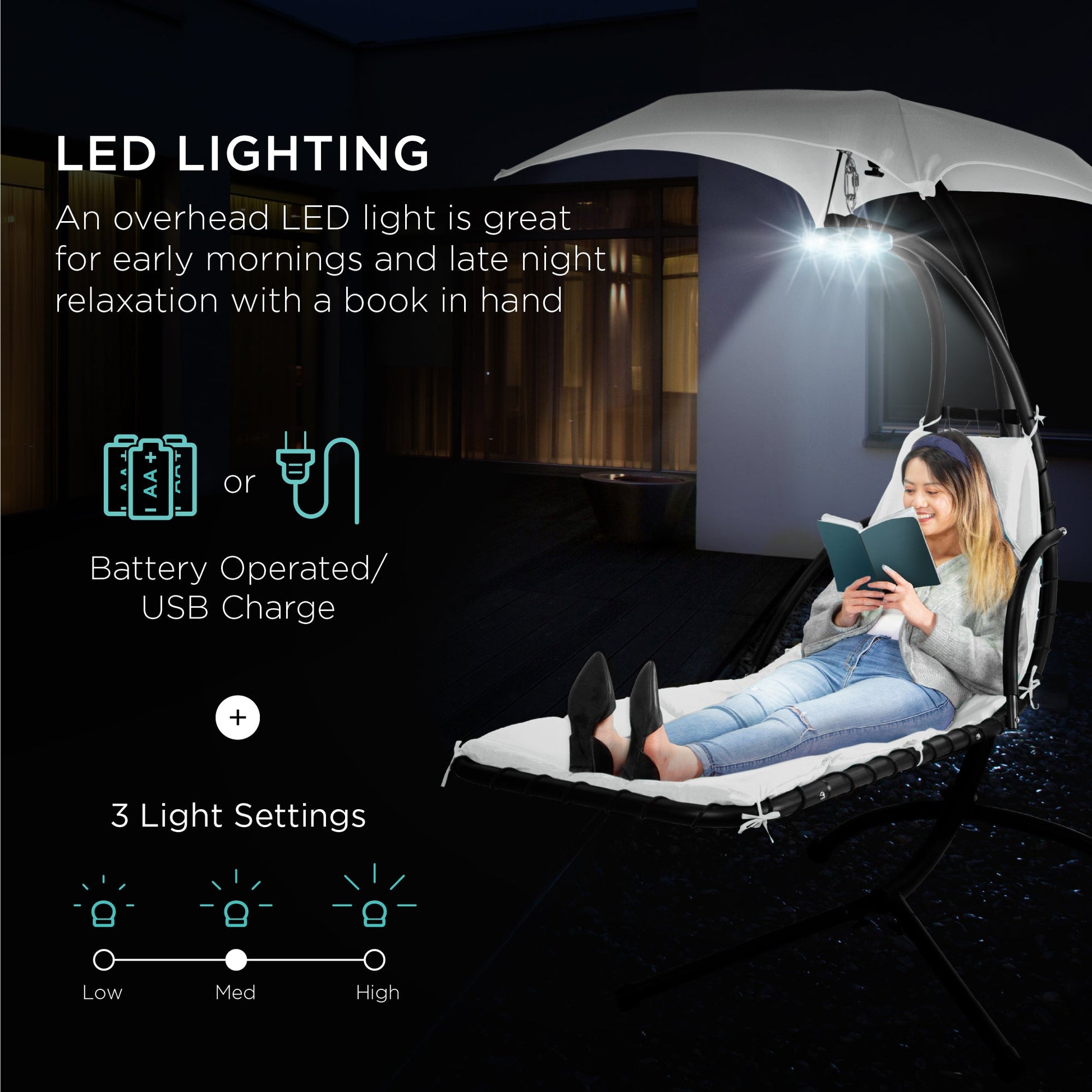 Hanging LED-Lit Curved Chaise Lounge Chair w/ Pillow, Canopy, Stand