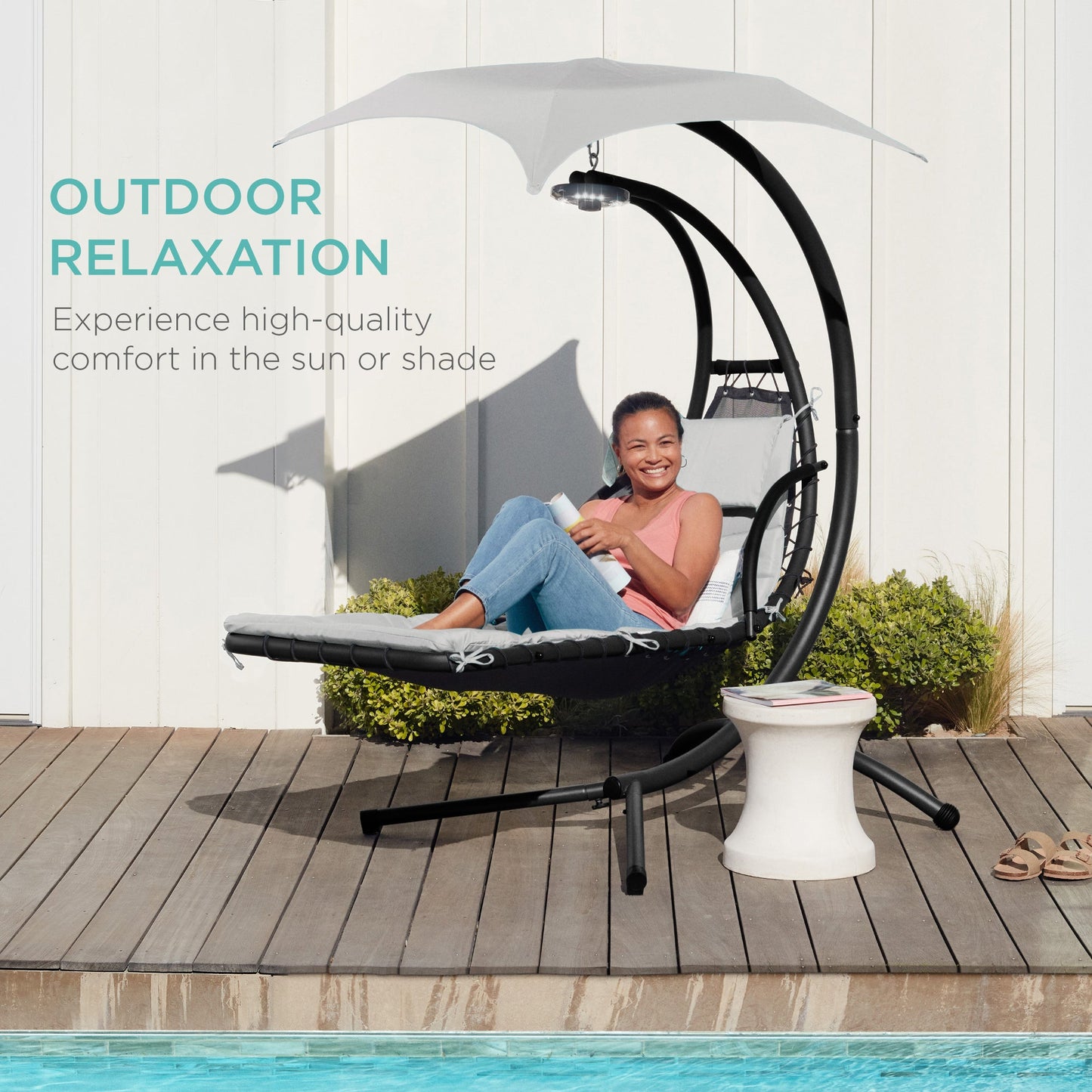 Hanging LED-Lit Curved Chaise Lounge Chair w/ Pillow, Canopy, Stand