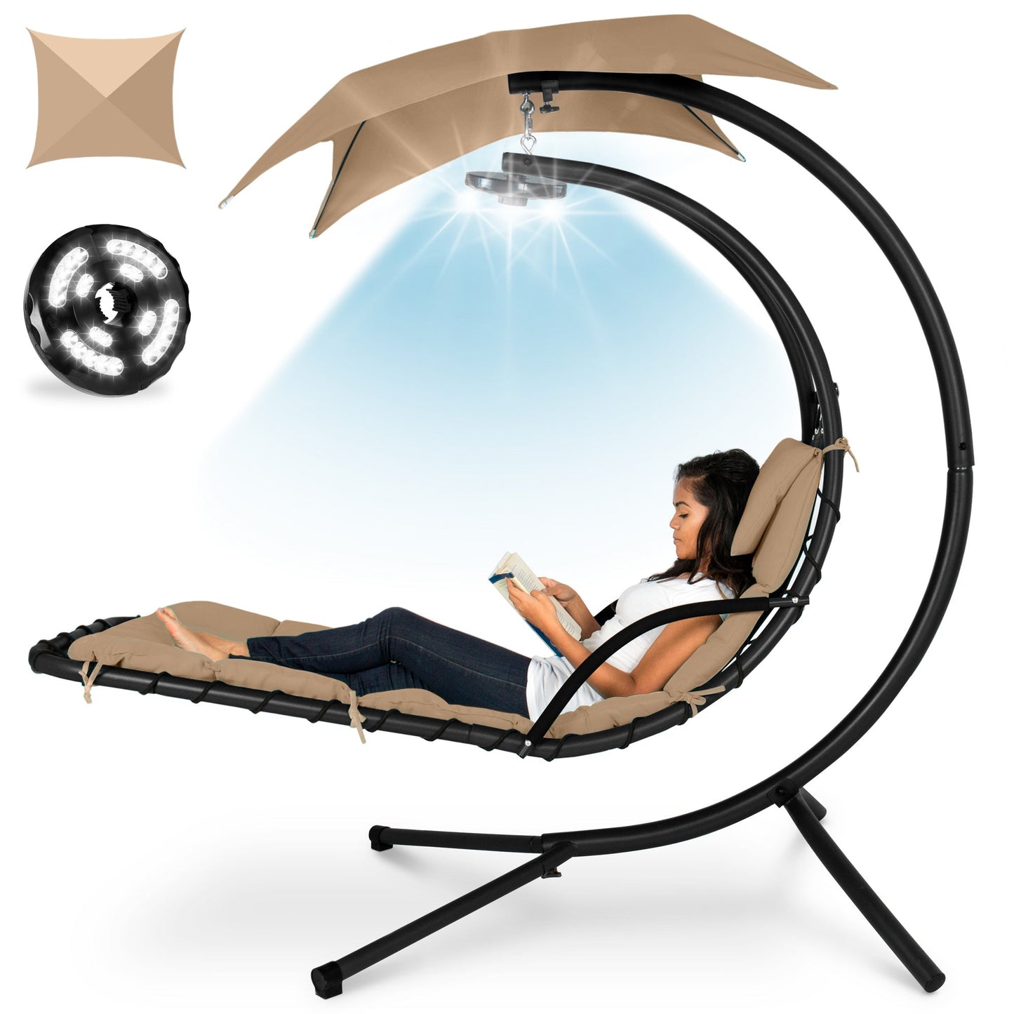 Hanging LED-Lit Curved Chaise Lounge Chair w/ Pillow, Canopy, Stand