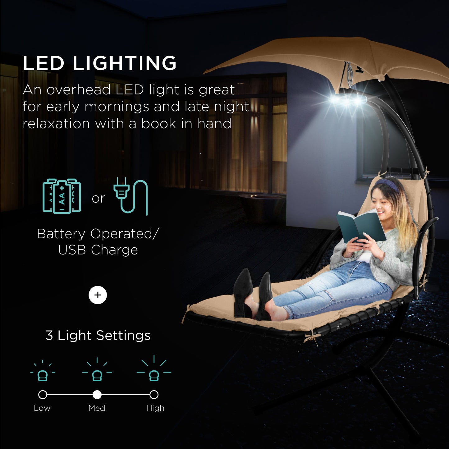 Hanging LED-Lit Curved Chaise Lounge Chair w/ Pillow, Canopy, Stand