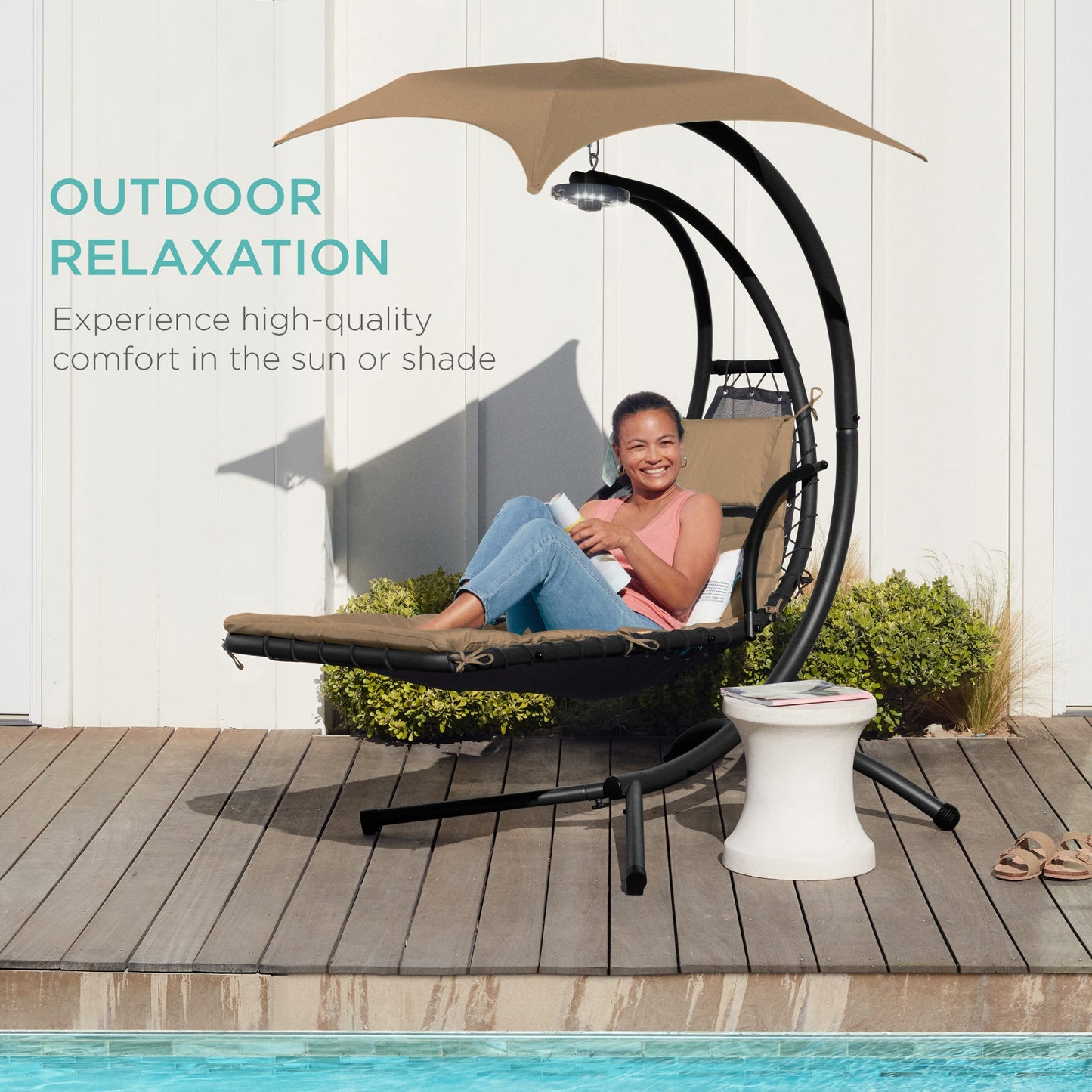 Hanging LED-Lit Curved Chaise Lounge Chair w/ Pillow, Canopy, Stand