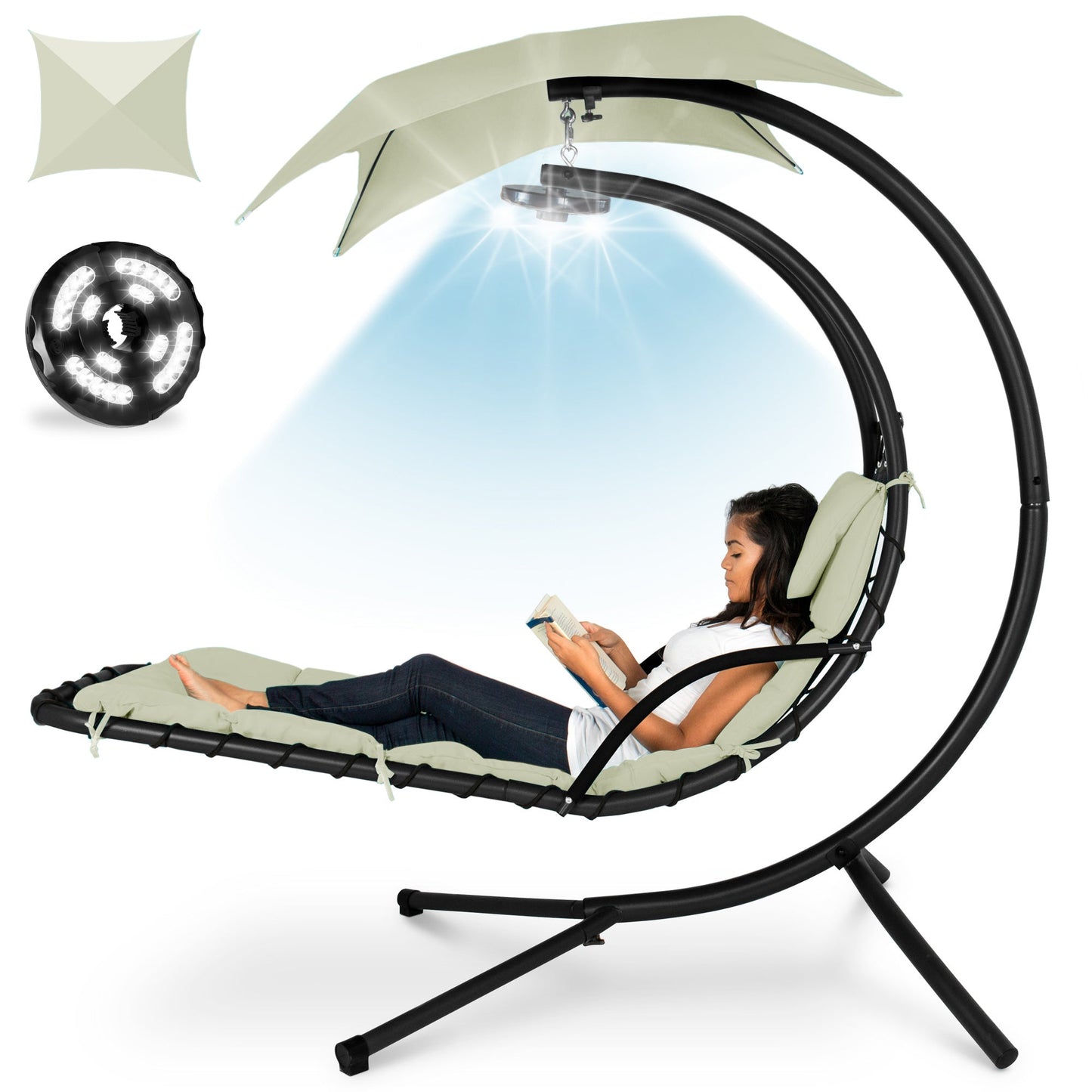 Hanging LED-Lit Curved Chaise Lounge Chair w/ Pillow, Canopy, Stand