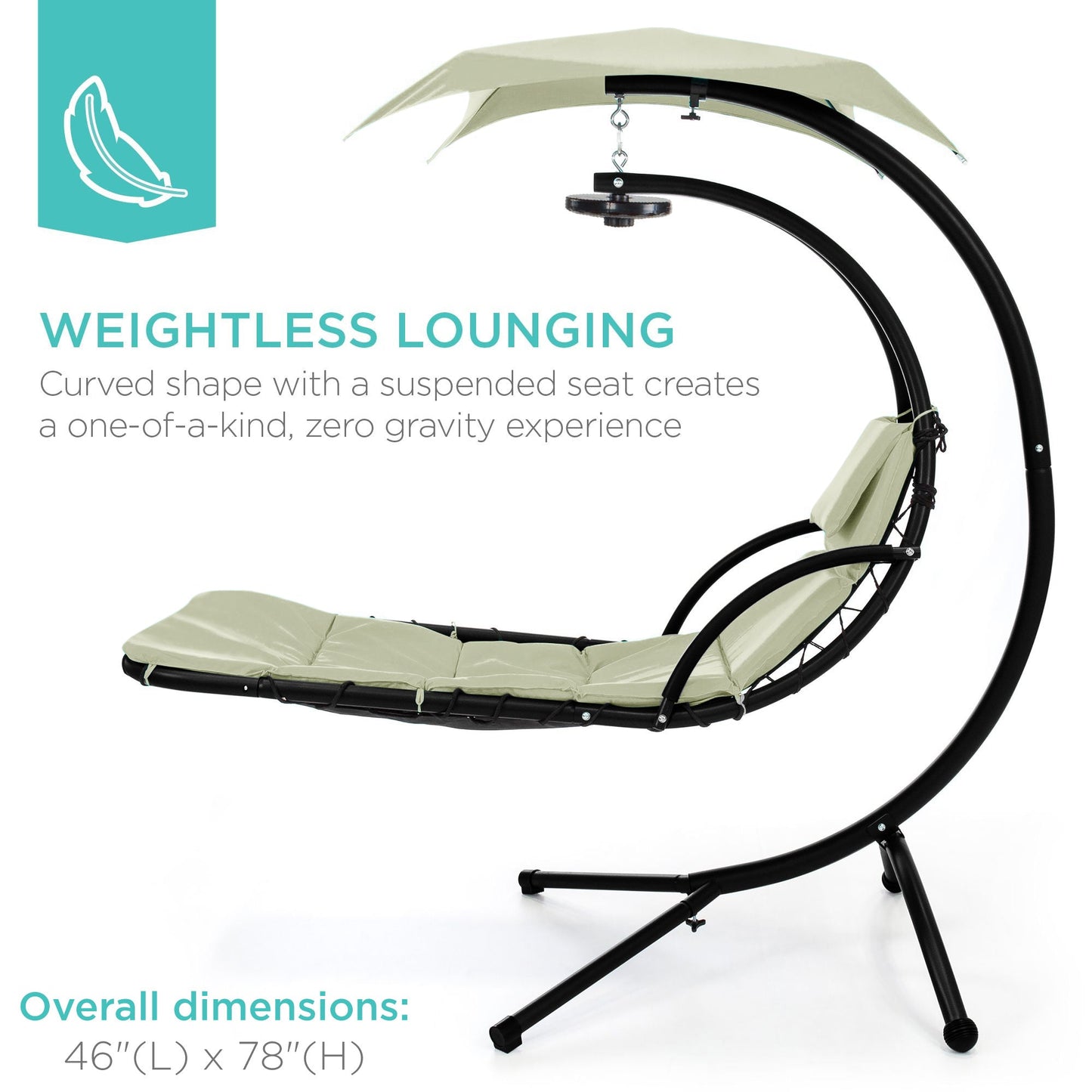 Hanging LED-Lit Curved Chaise Lounge Chair w/ Pillow, Canopy, Stand