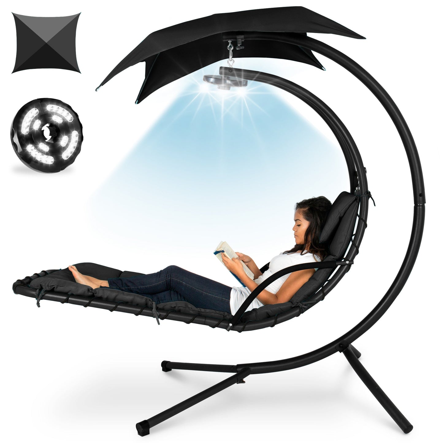 Hanging LED-Lit Curved Chaise Lounge Chair w/ Pillow, Canopy, Stand