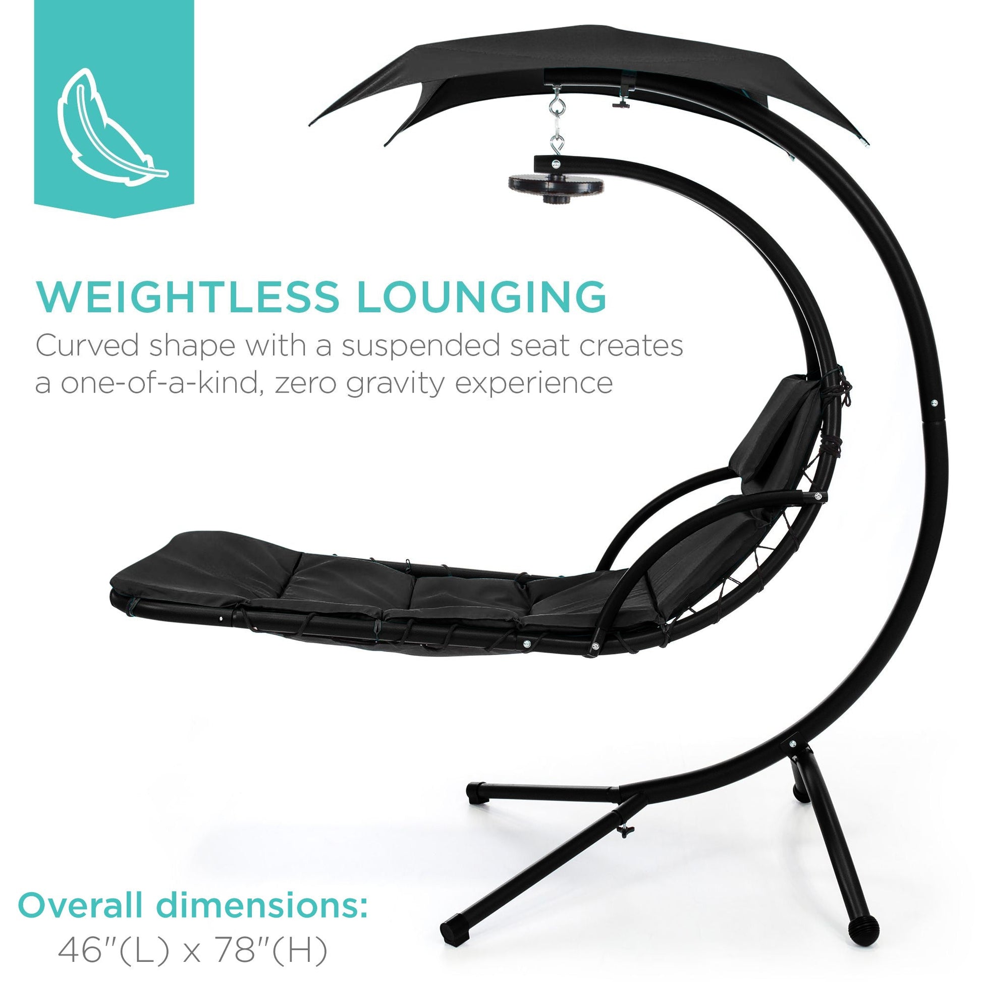 Hanging LED-Lit Curved Chaise Lounge Chair w/ Pillow, Canopy, Stand