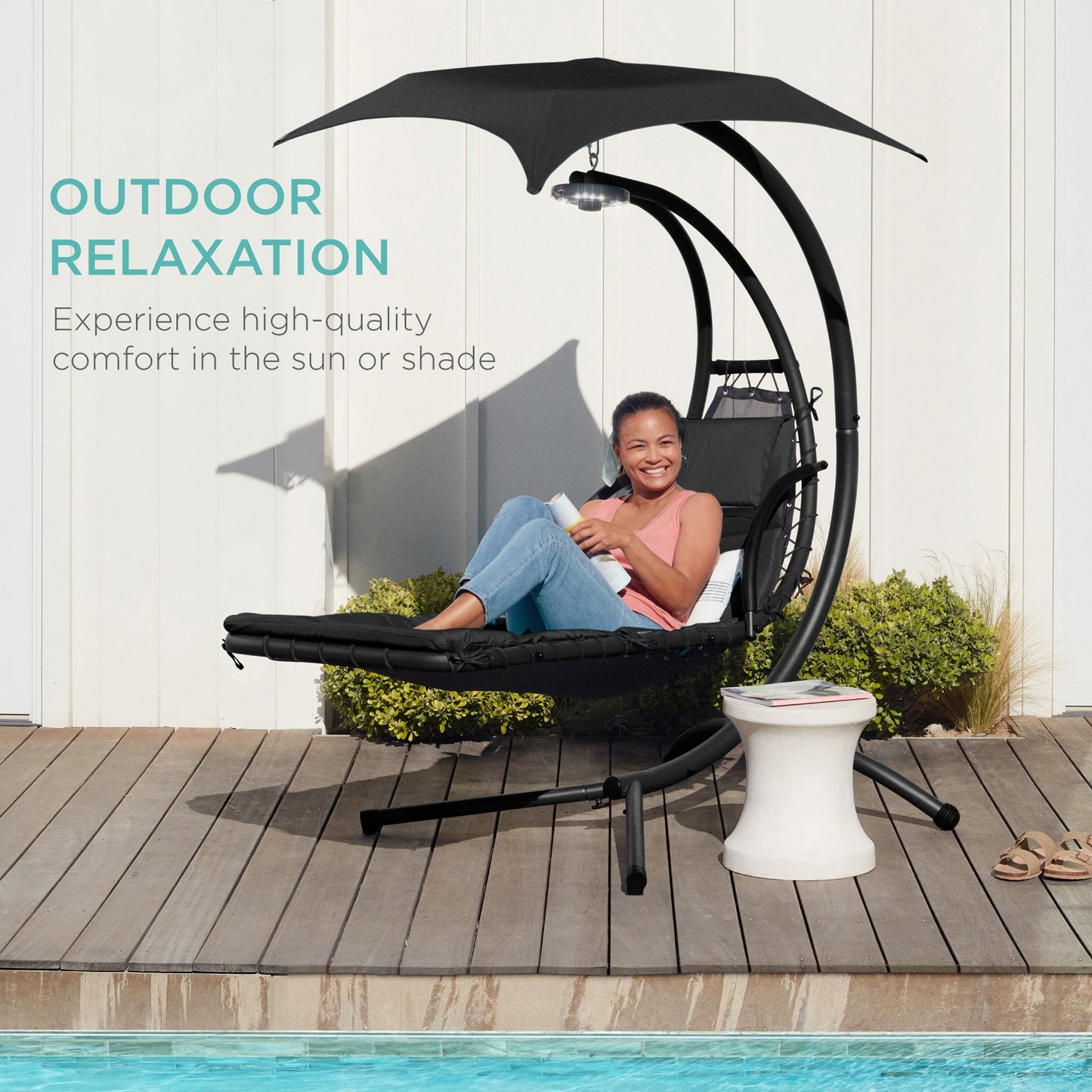 Hanging LED-Lit Curved Chaise Lounge Chair w/ Pillow, Canopy, Stand