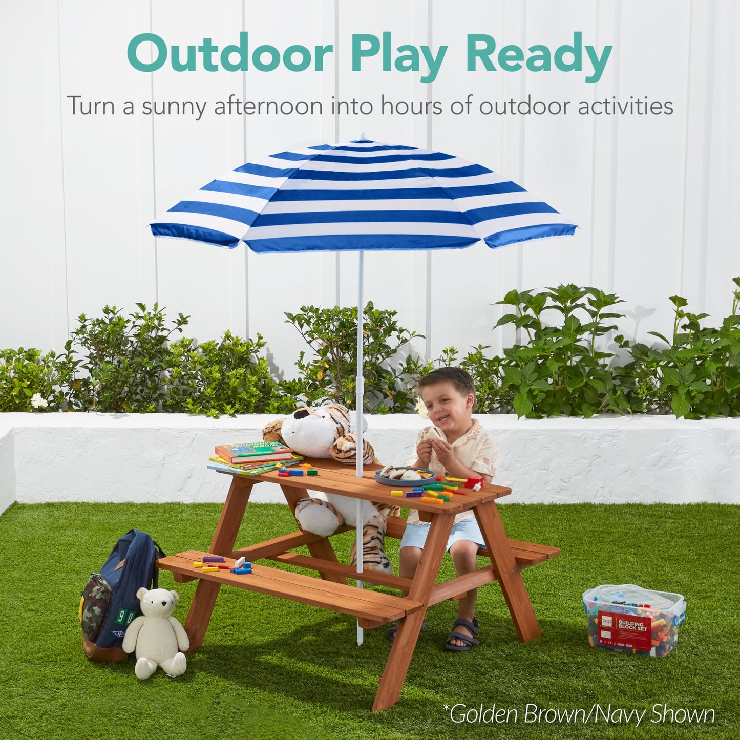 Kids Wooden Outdoor Picnic Table w/ Adjustable Umbrella, Built-In Seats