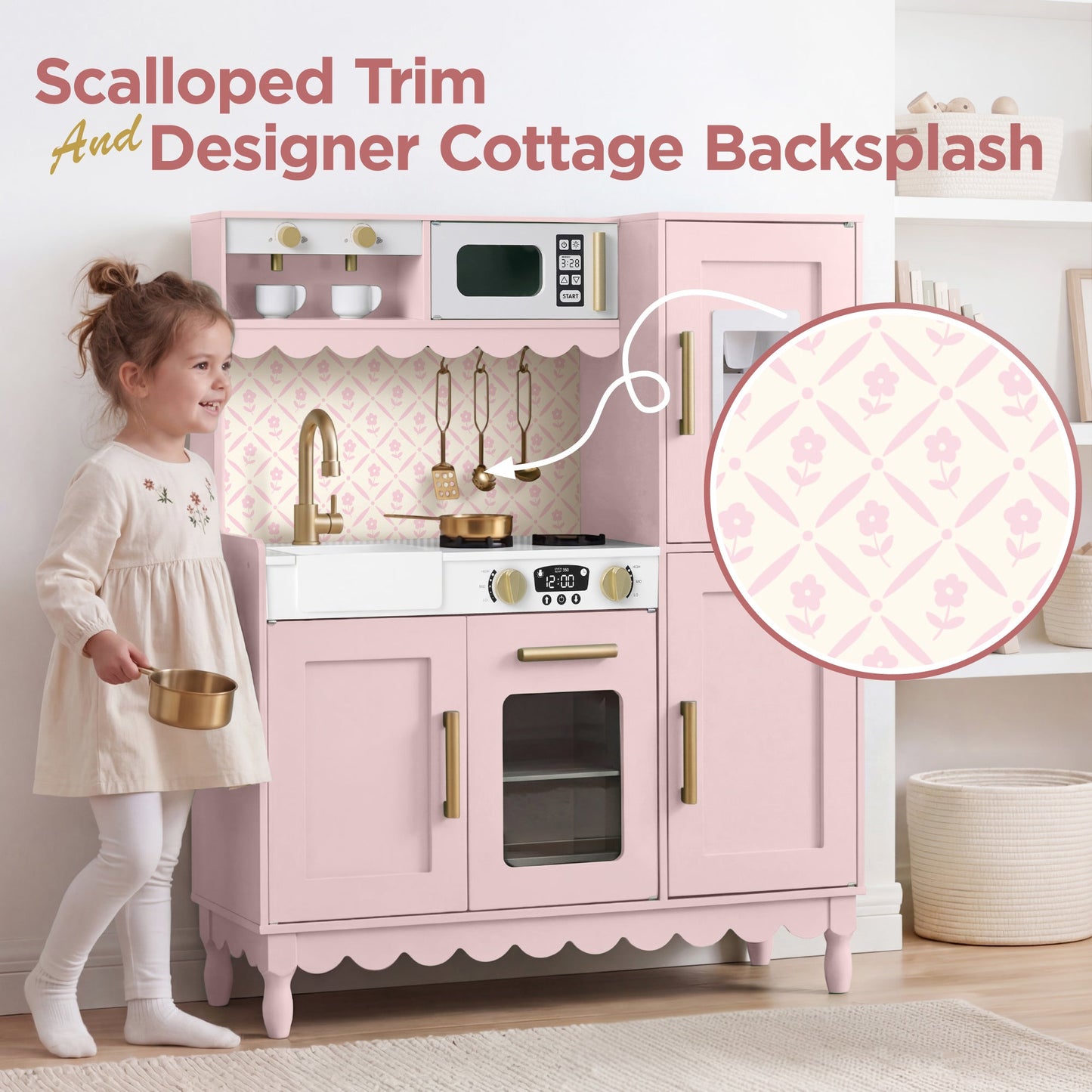 Kids Pretend Play Cottage Kitchen with 11 Accessories, Espresso Machine