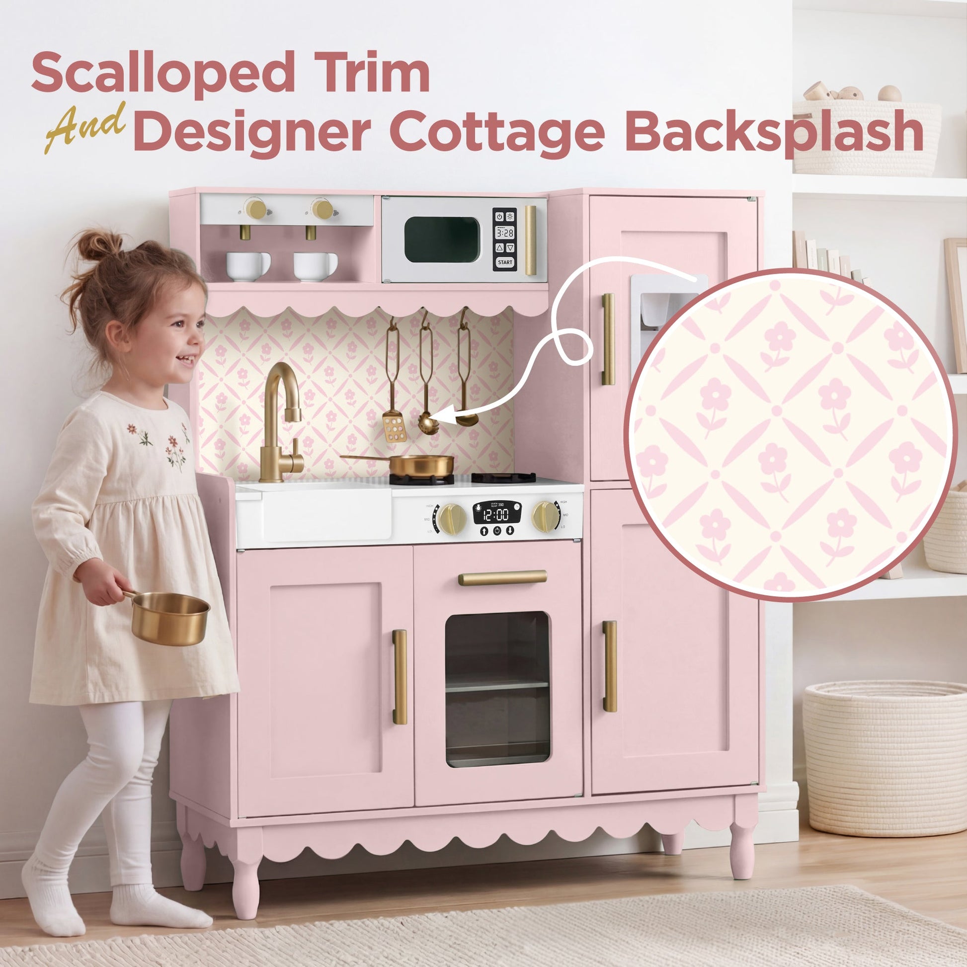Kids Pretend Play Cottage Kitchen with 11 Accessories, Espresso Machine