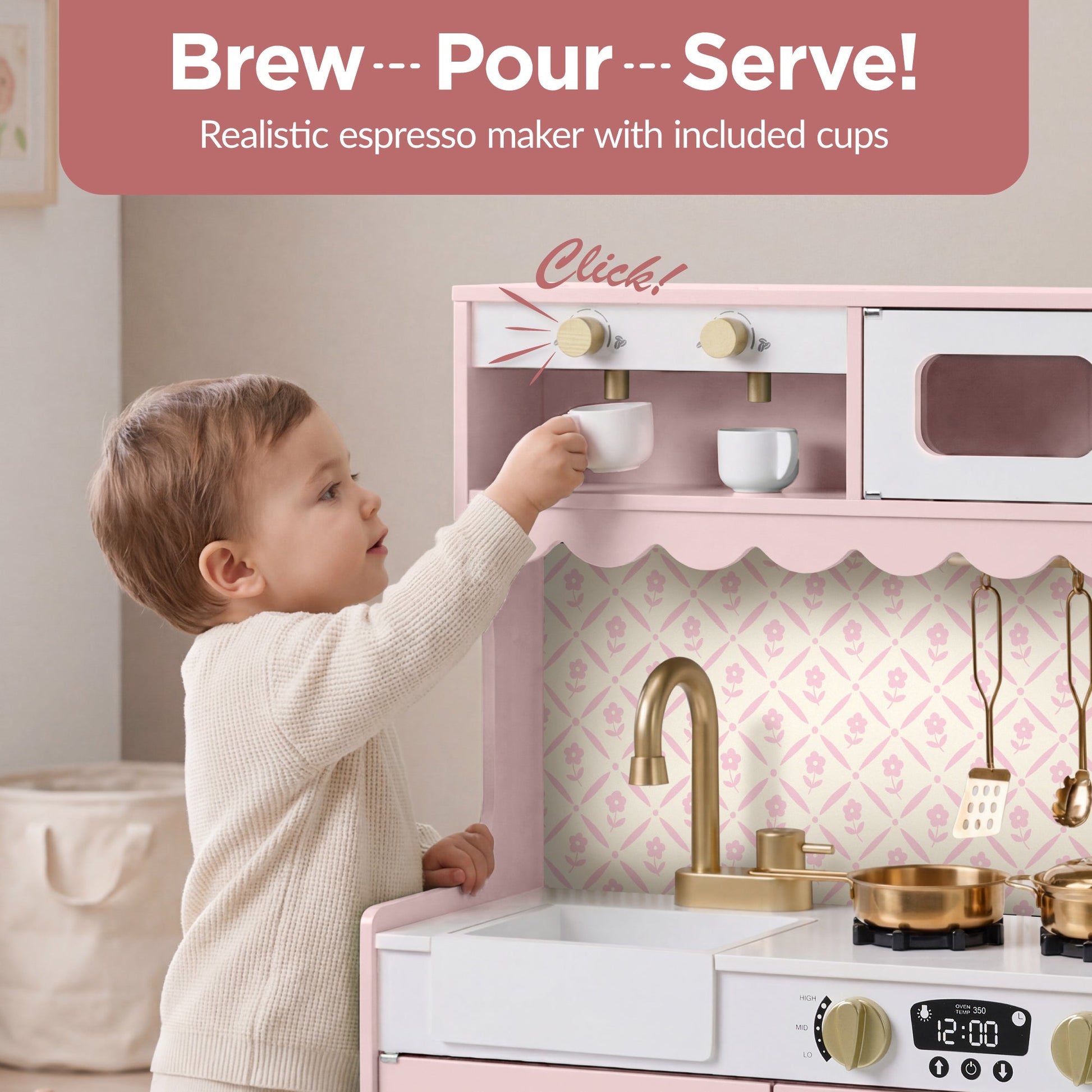 Kids Pretend Play Cottage Kitchen with 11 Accessories, Espresso Machine