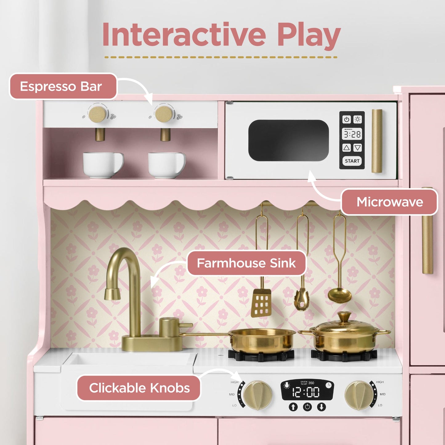 Kids Pretend Play Cottage Kitchen with 11 Accessories, Espresso Machine