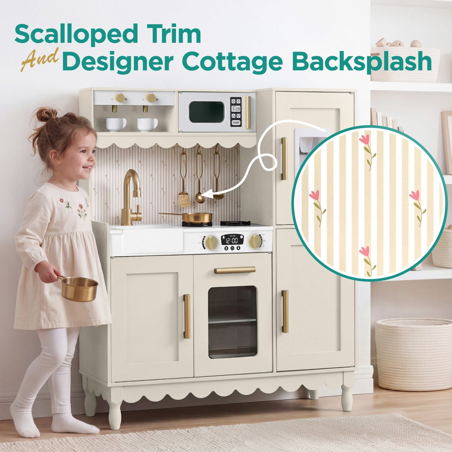Kids Pretend Play Cottage Kitchen with 11 Accessories, Espresso Machine