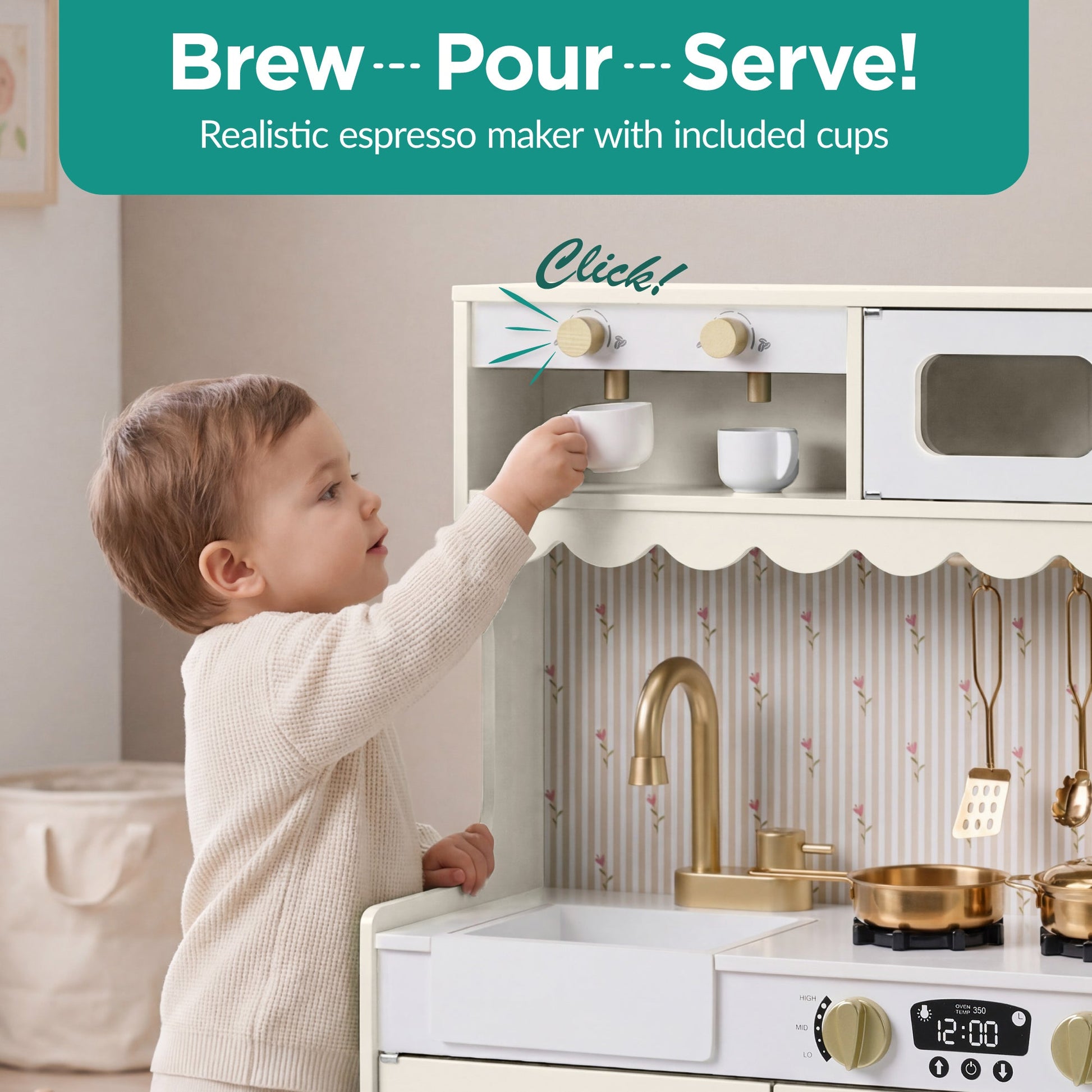 Kids Pretend Play Cottage Kitchen with 11 Accessories, Espresso Machine