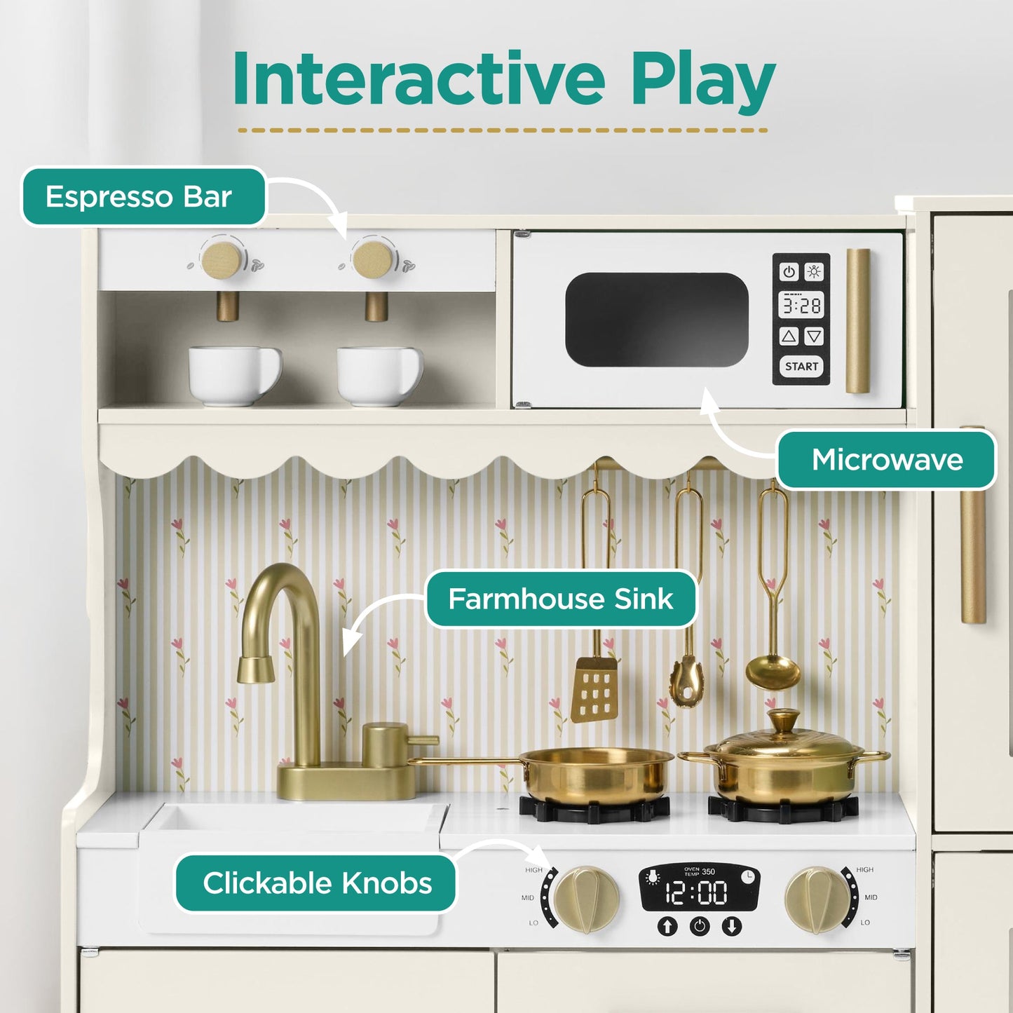 Kids Pretend Play Cottage Kitchen with 11 Accessories, Espresso Machine