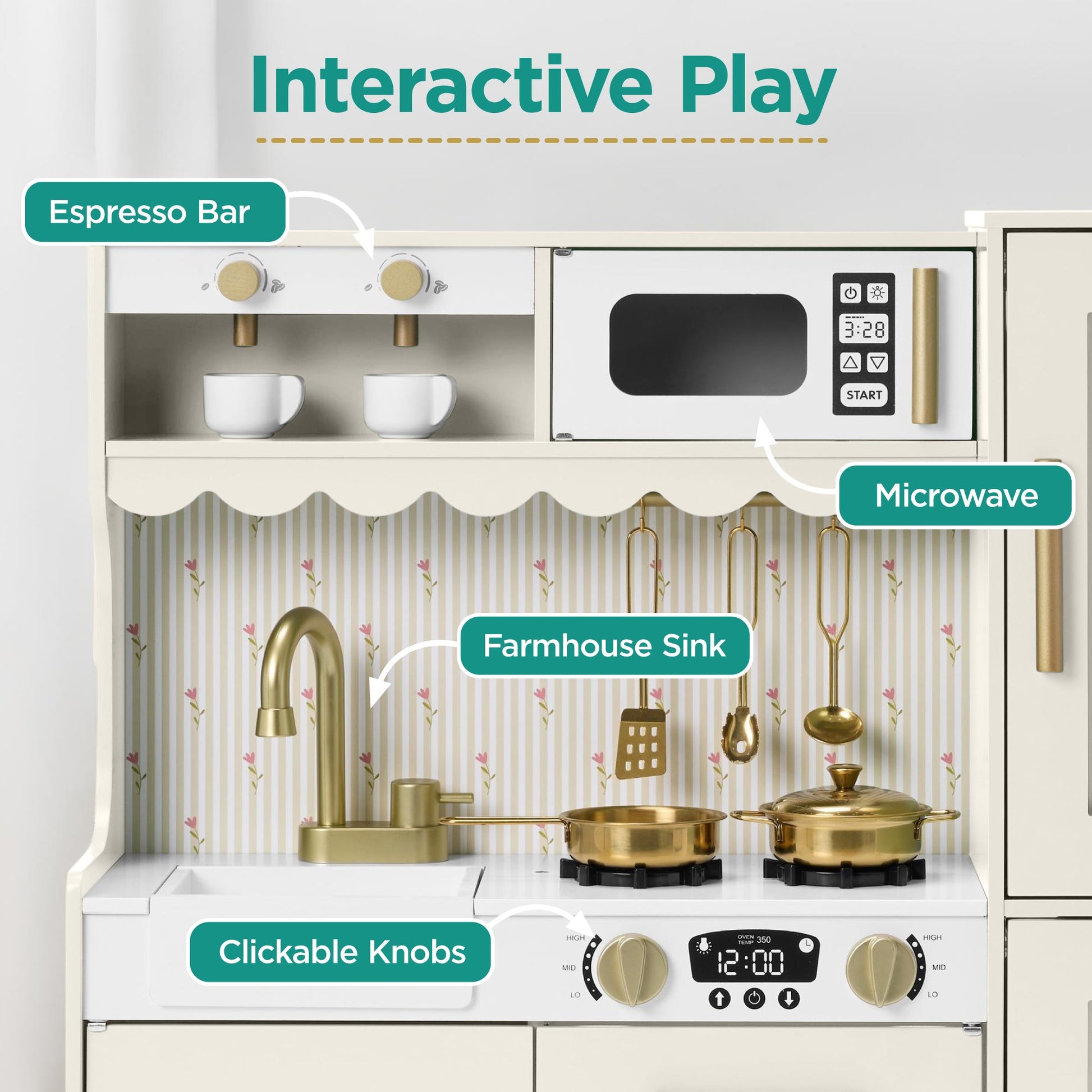Kids Pretend Play Cottage Kitchen with 11 Accessories, Espresso Machine