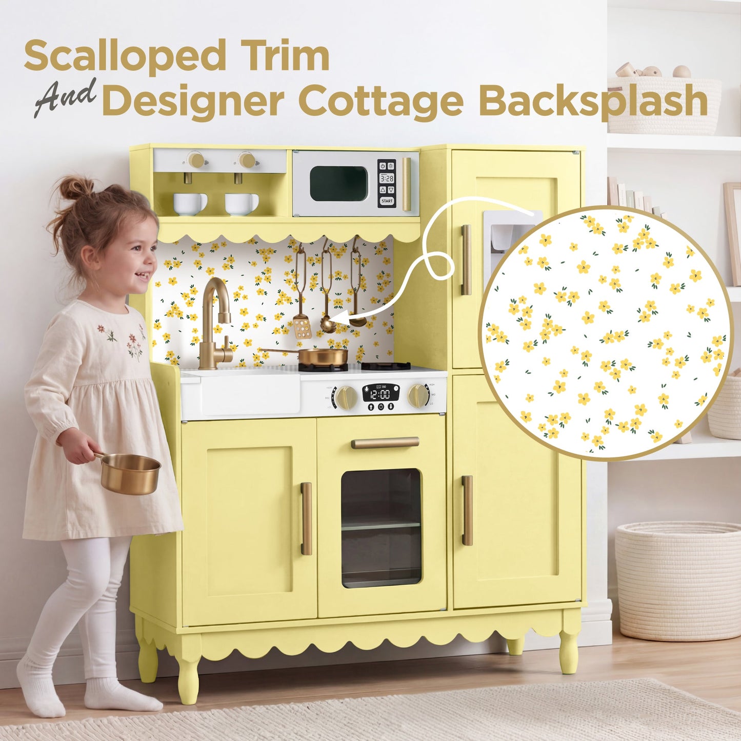 Kids Pretend Play Cottage Kitchen with 11 Accessories, Espresso Machine