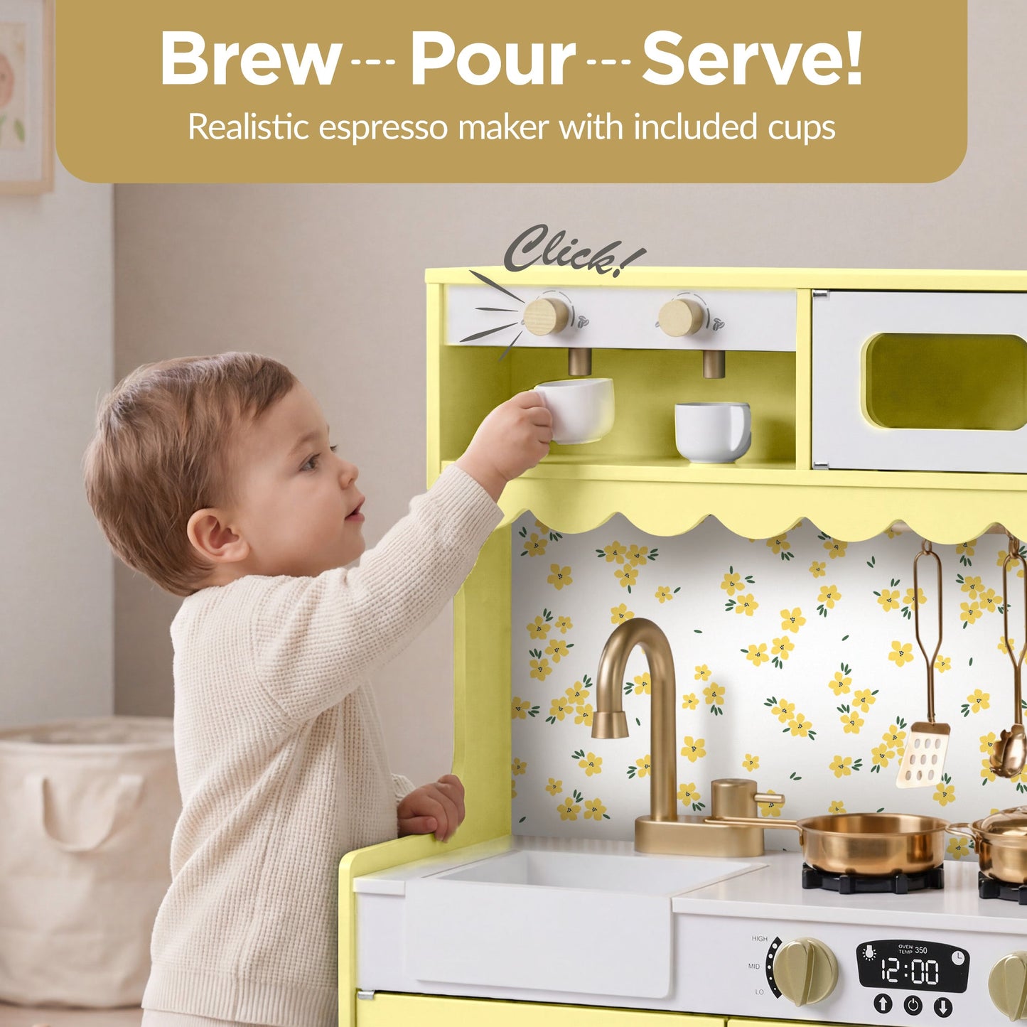 Kids Pretend Play Cottage Kitchen with 11 Accessories, Espresso Machine