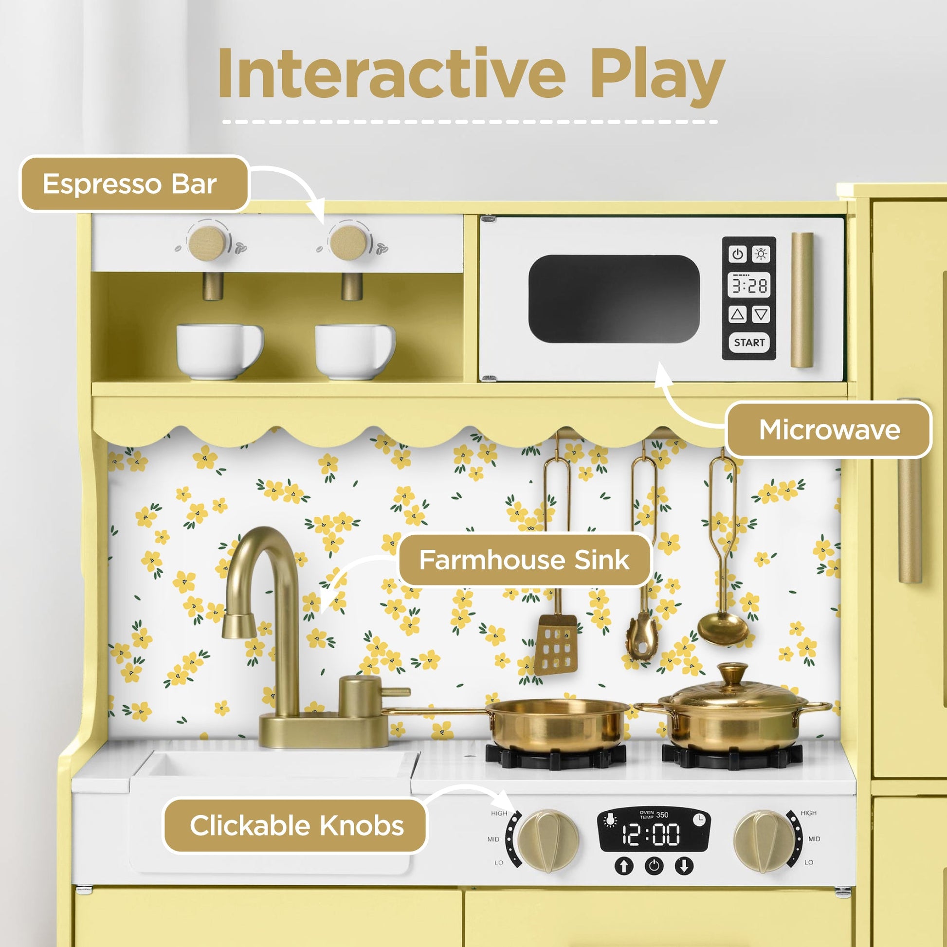 Kids Pretend Play Cottage Kitchen with 11 Accessories, Espresso Machine