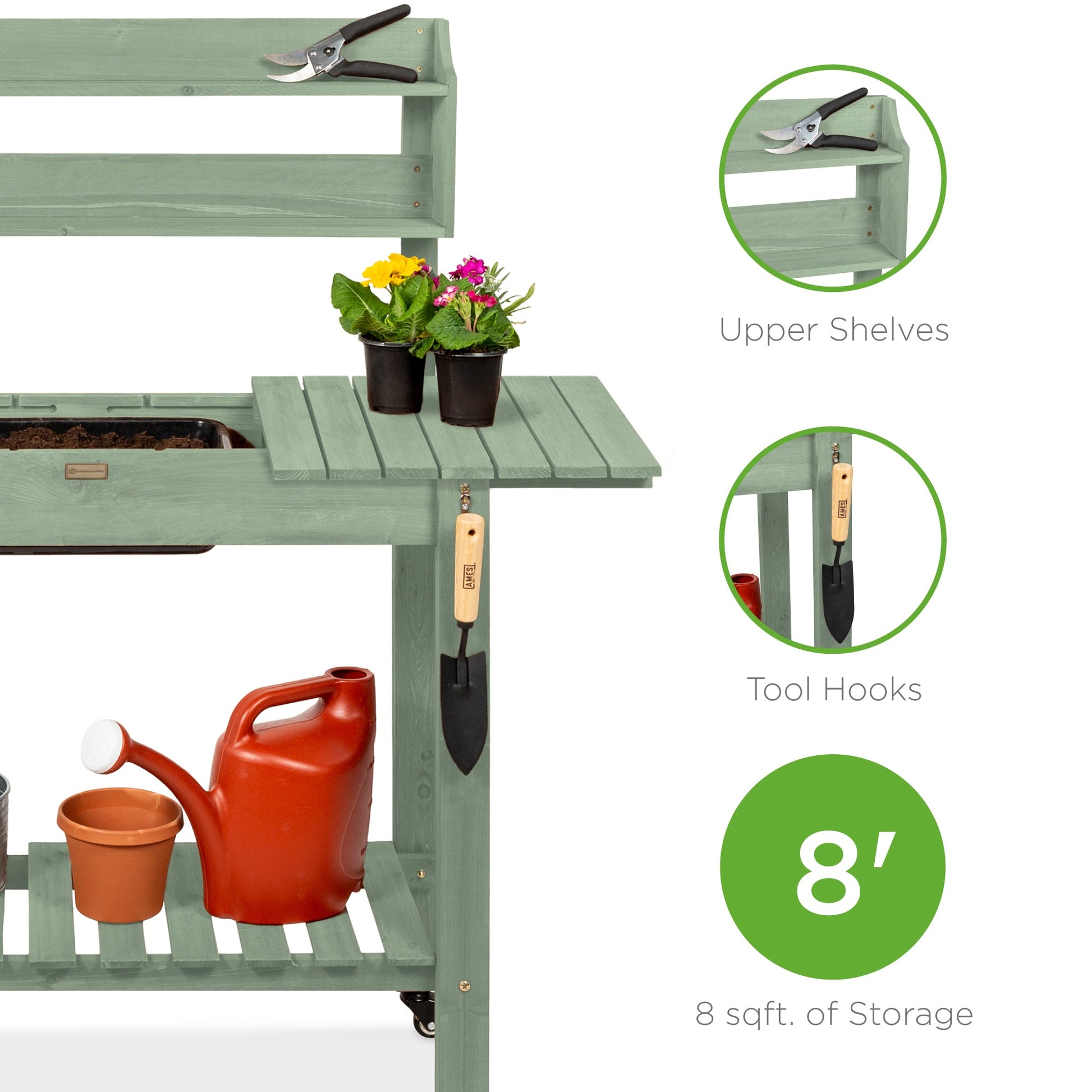 Wood Garden Potting Bench w/ Sliding Tabletop, Food Grade Dry Sink, Wheels