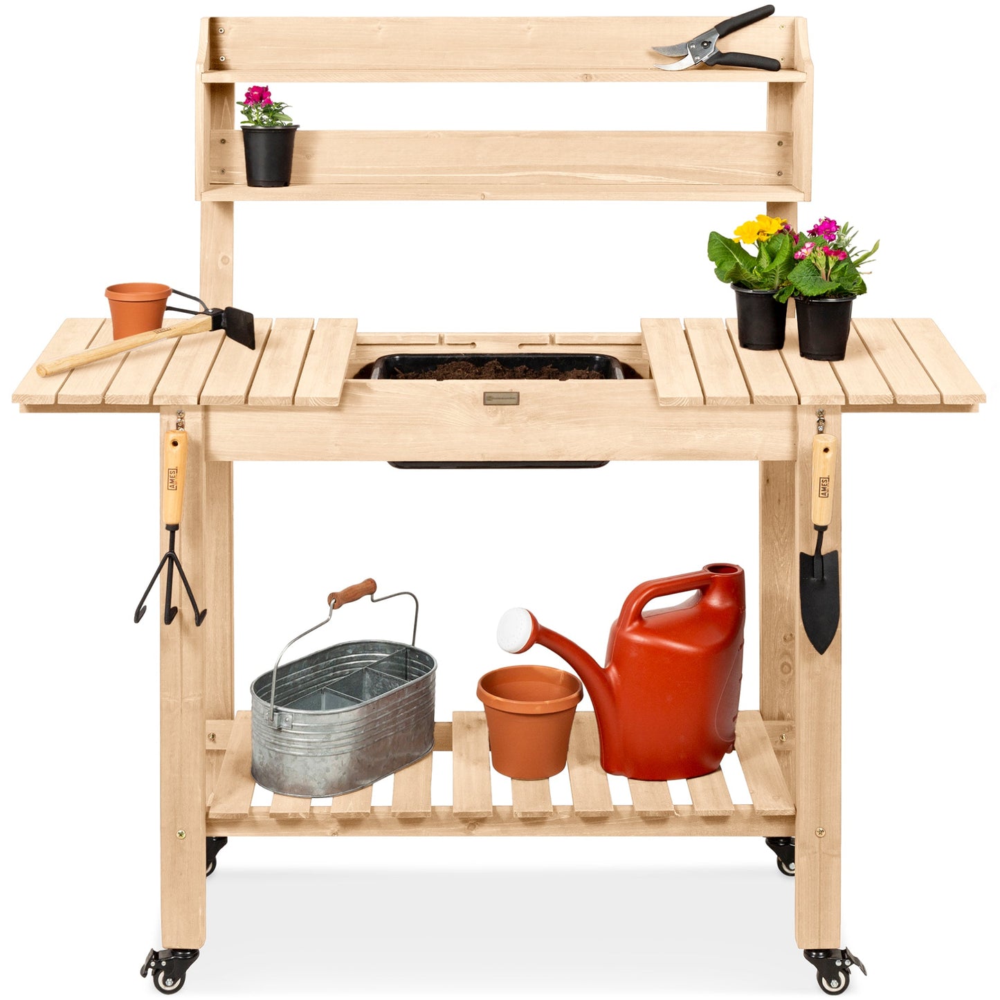 Wood Garden Potting Bench w/ Sliding Tabletop, Food Grade Dry Sink, Wheels