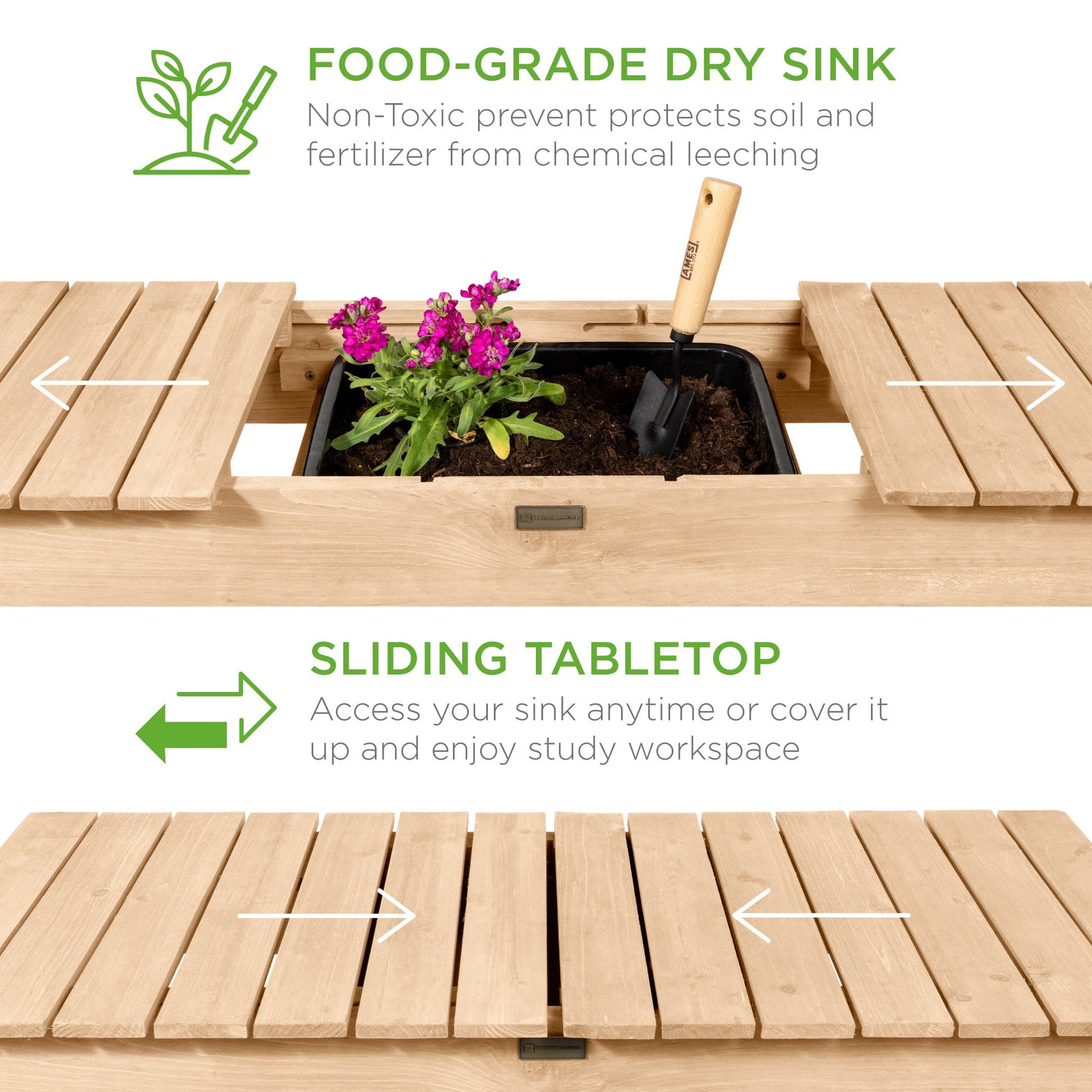 Wood Garden Potting Bench w/ Sliding Tabletop, Food Grade Dry Sink, Wheels