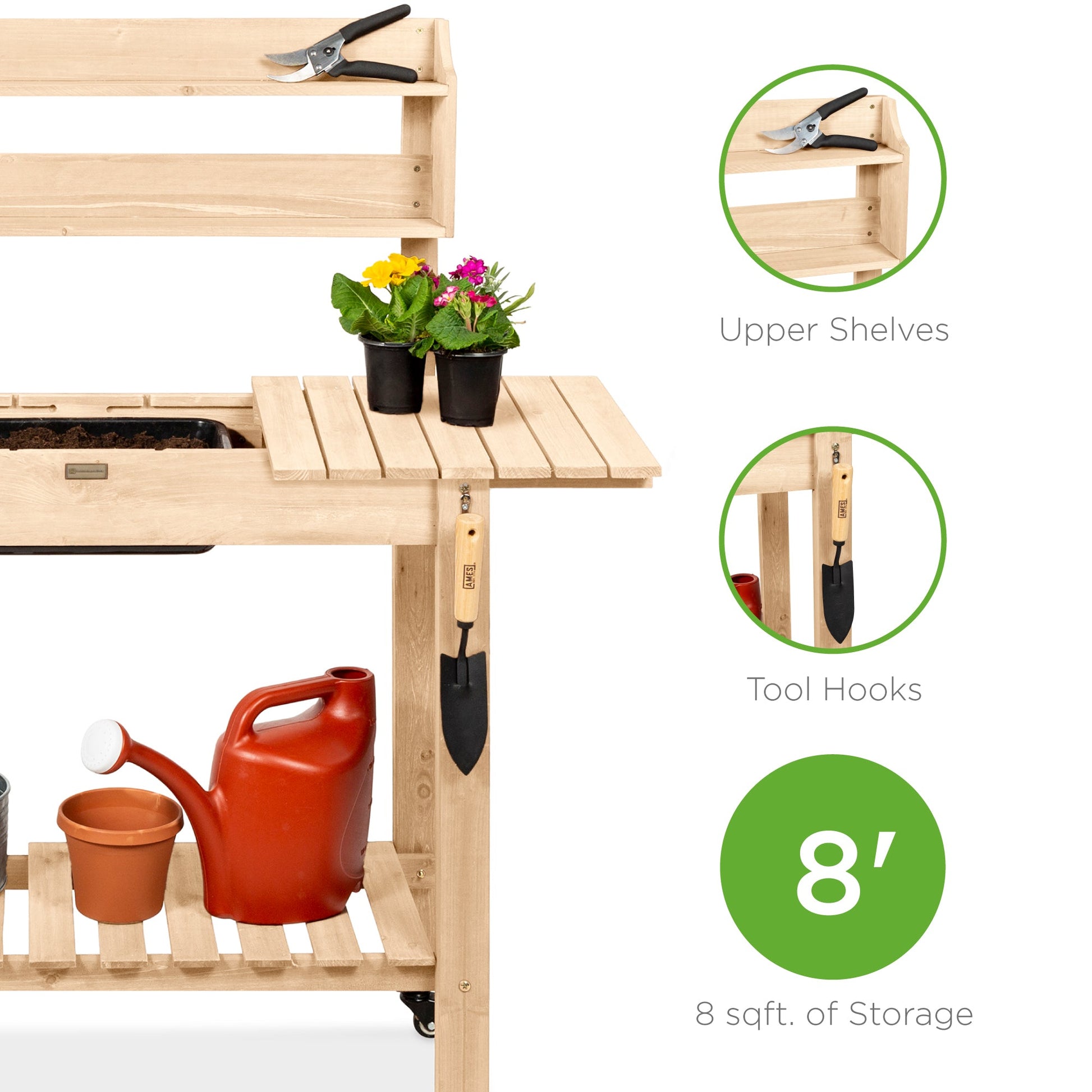 Wood Garden Potting Bench w/ Sliding Tabletop, Food Grade Dry Sink, Wheels