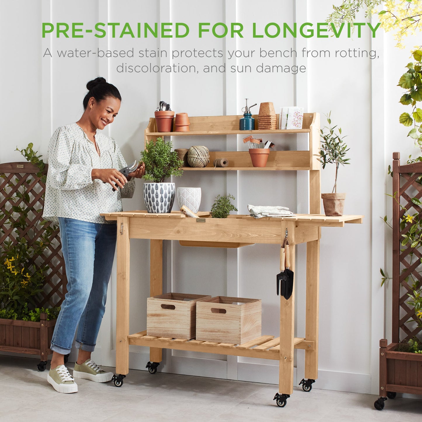 Wood Garden Potting Bench w/ Sliding Tabletop, Food Grade Dry Sink, Wheels