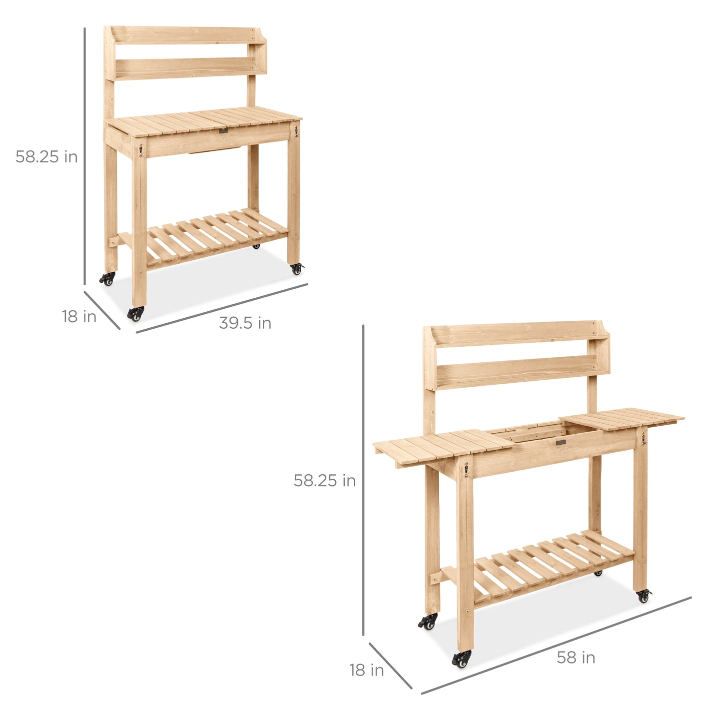 Wood Garden Potting Bench w/ Sliding Tabletop, Food Grade Dry Sink, Wheels