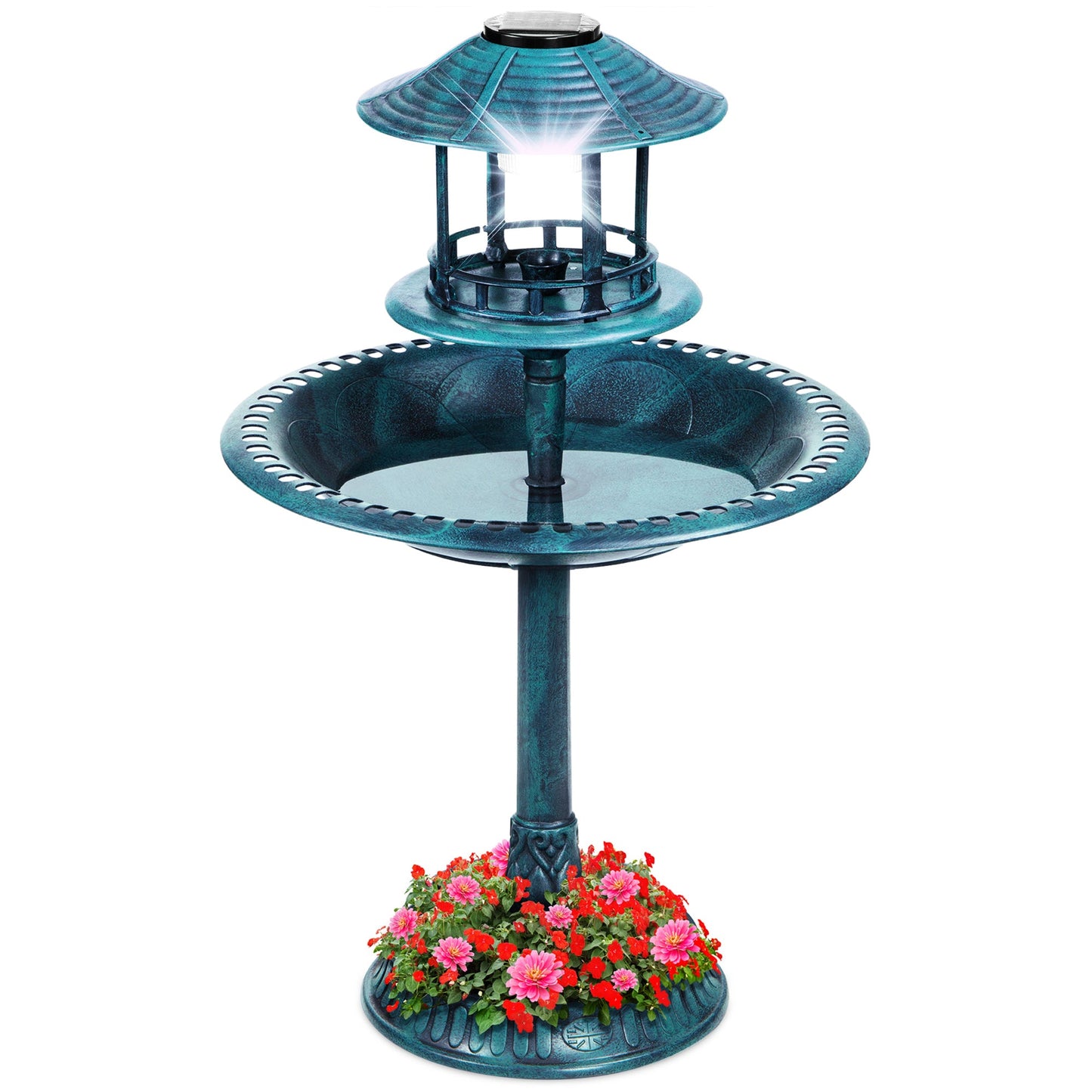 Solar Lighted Outdoor Pedestal Bird Bath w/ Planter, Decorative Bird Cage