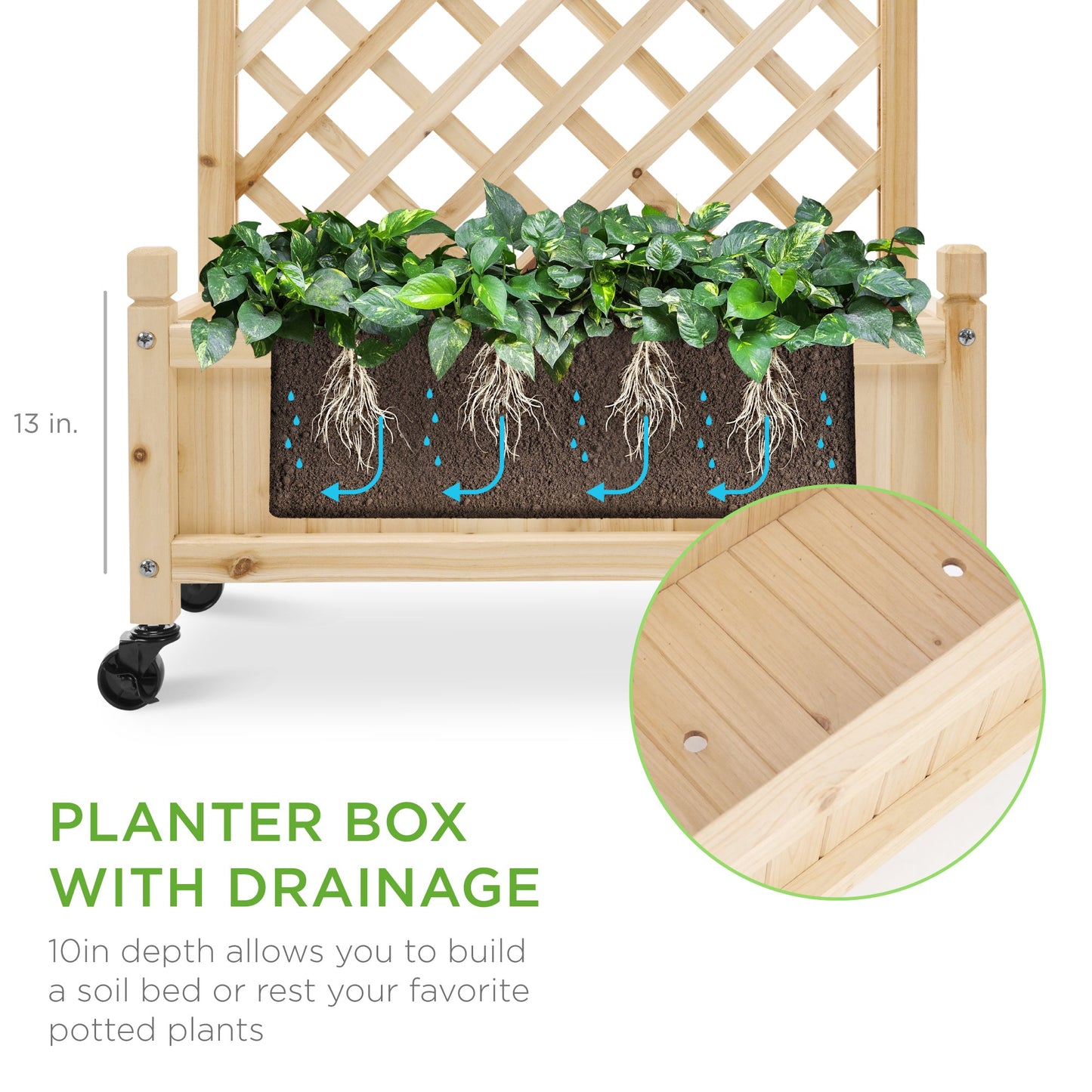 Set of 2 Wood Planter Box & Lattice Trellis w/ Optional Wheels - 48in