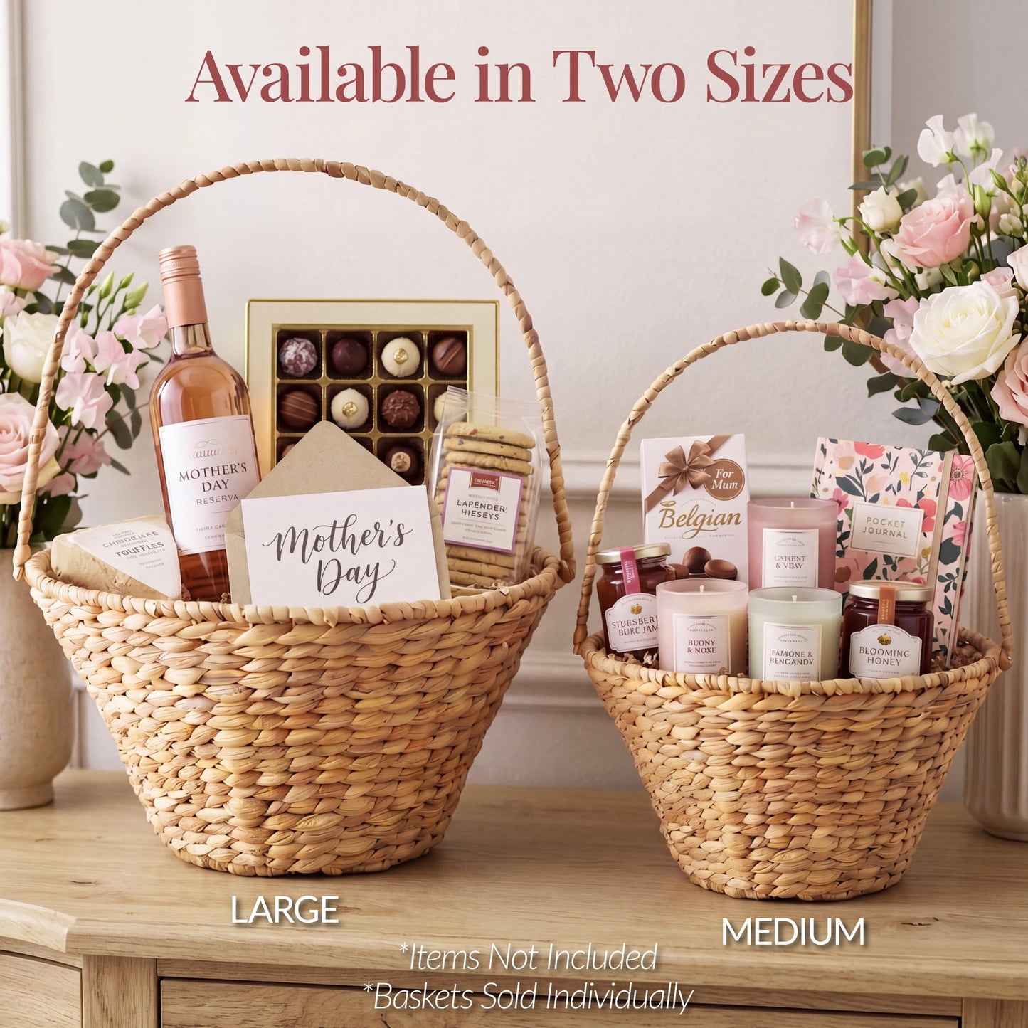 Handwoven Large Mother's Day Gift Basket, 20in Basket w/Collapsible Handle