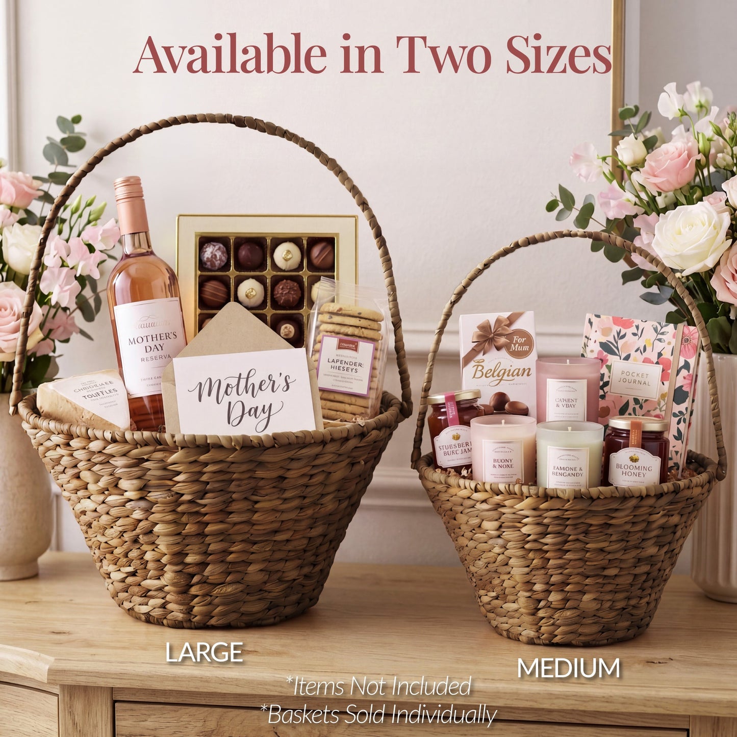 Handwoven Large Mother's Day Gift Basket, 20in Basket w/Collapsible Handle