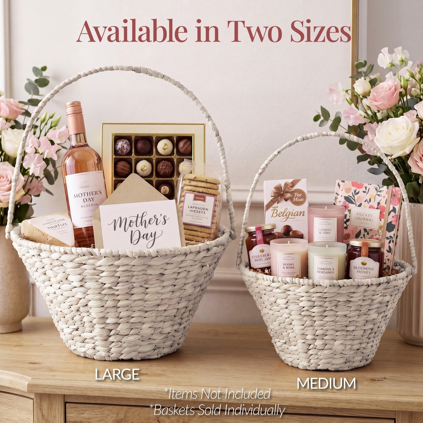 Handwoven Large Mother's Day Gift Basket, 20in Basket w/Collapsible Handle