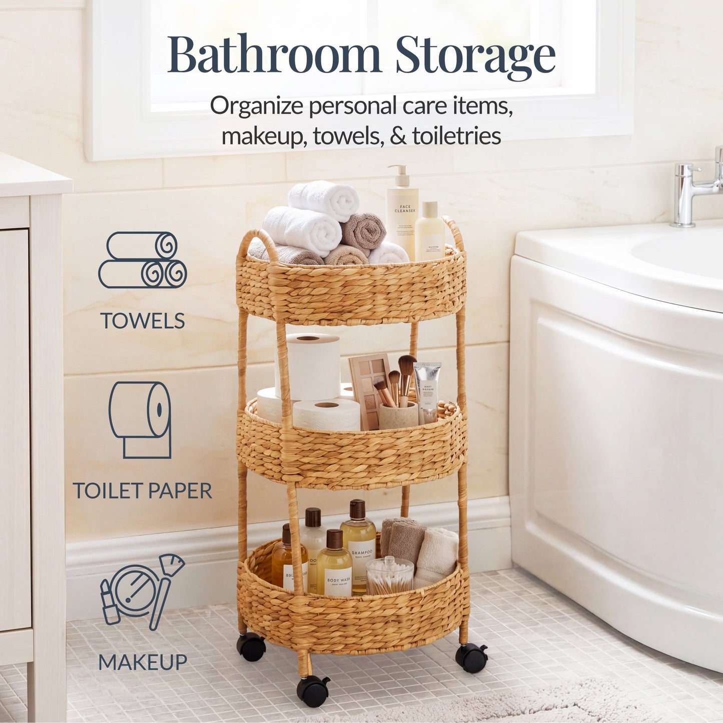 3-Tier Round Rolling Nursery Caddy w/Wheels, Handwoven Utility Cart