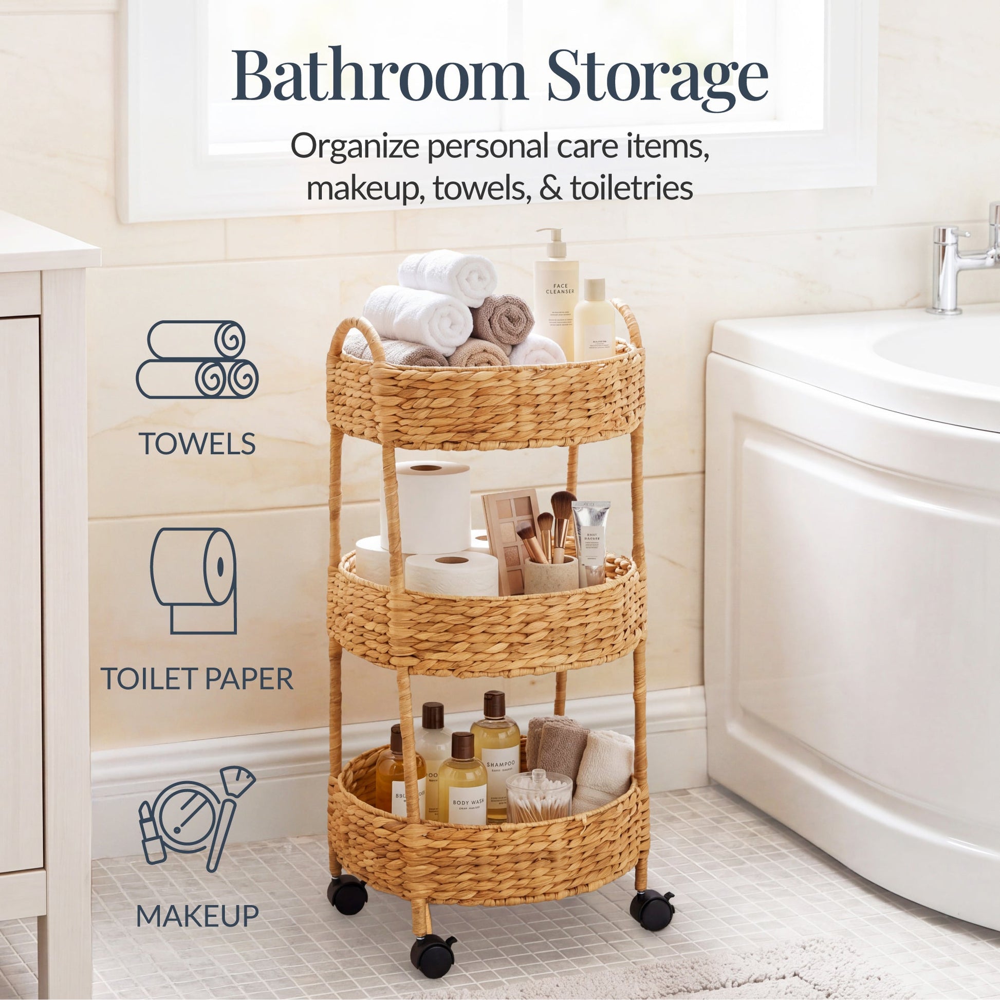3-Tier Round Rolling Nursery Caddy w/Wheels, Handwoven Utility Cart