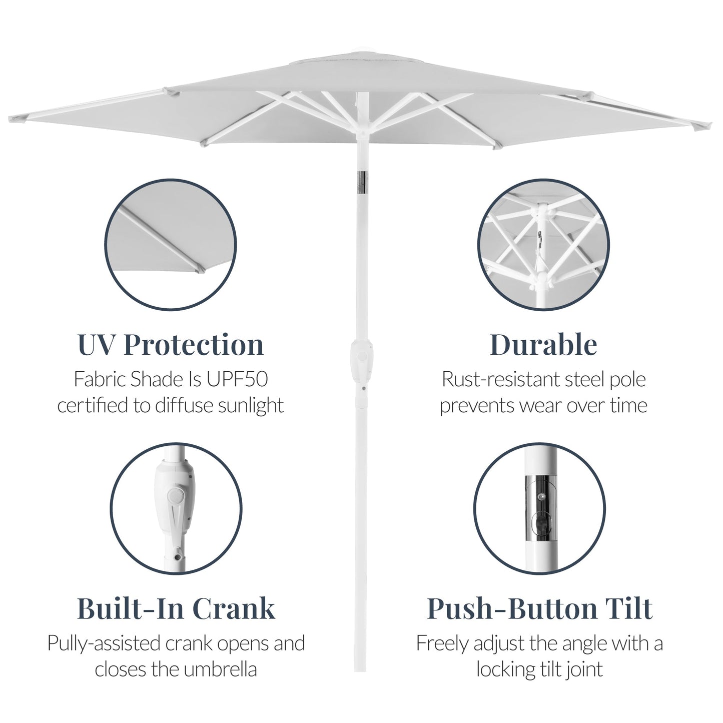 7.5ft Patio Market Umbrella with White Pole, Push Button Tilt and Crank Lift