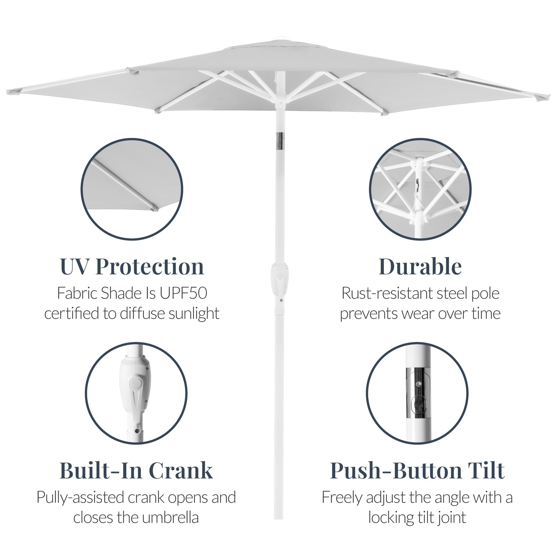 7.5ft Patio Market Umbrella with White Pole, Push Button Tilt and Crank Lift