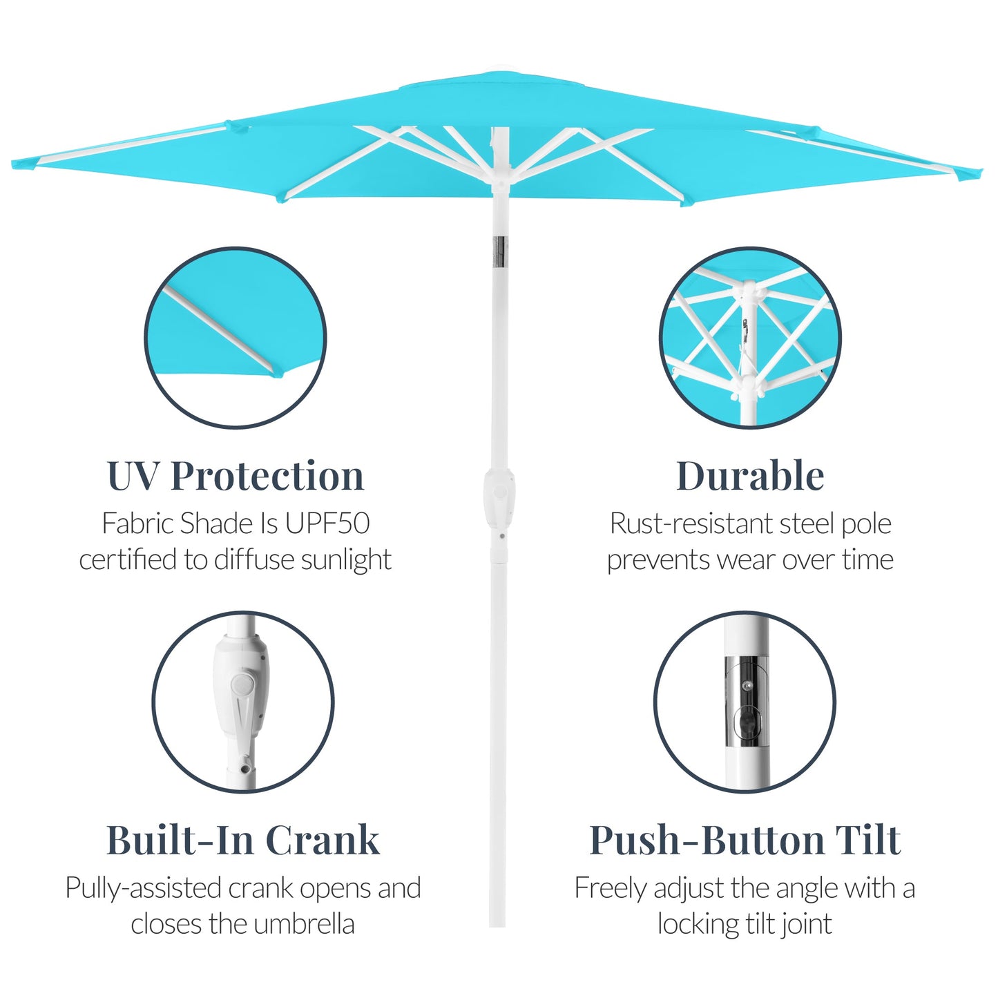7.5ft Patio Market Umbrella with White Pole, Push Button Tilt and Crank Lift