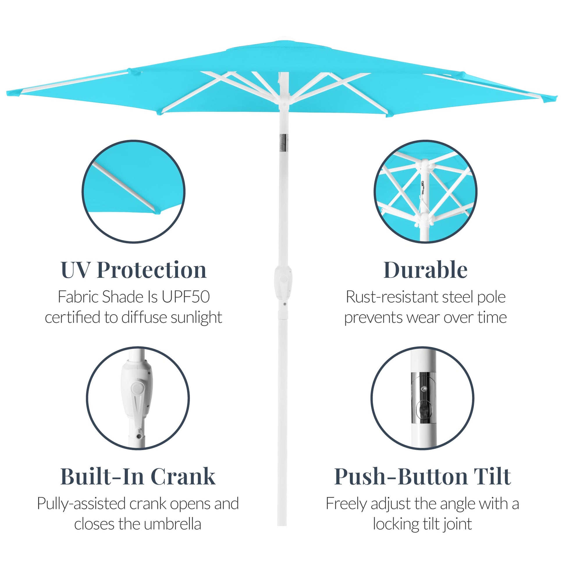 7.5ft Patio Market Umbrella with White Pole, Push Button Tilt and Crank Lift