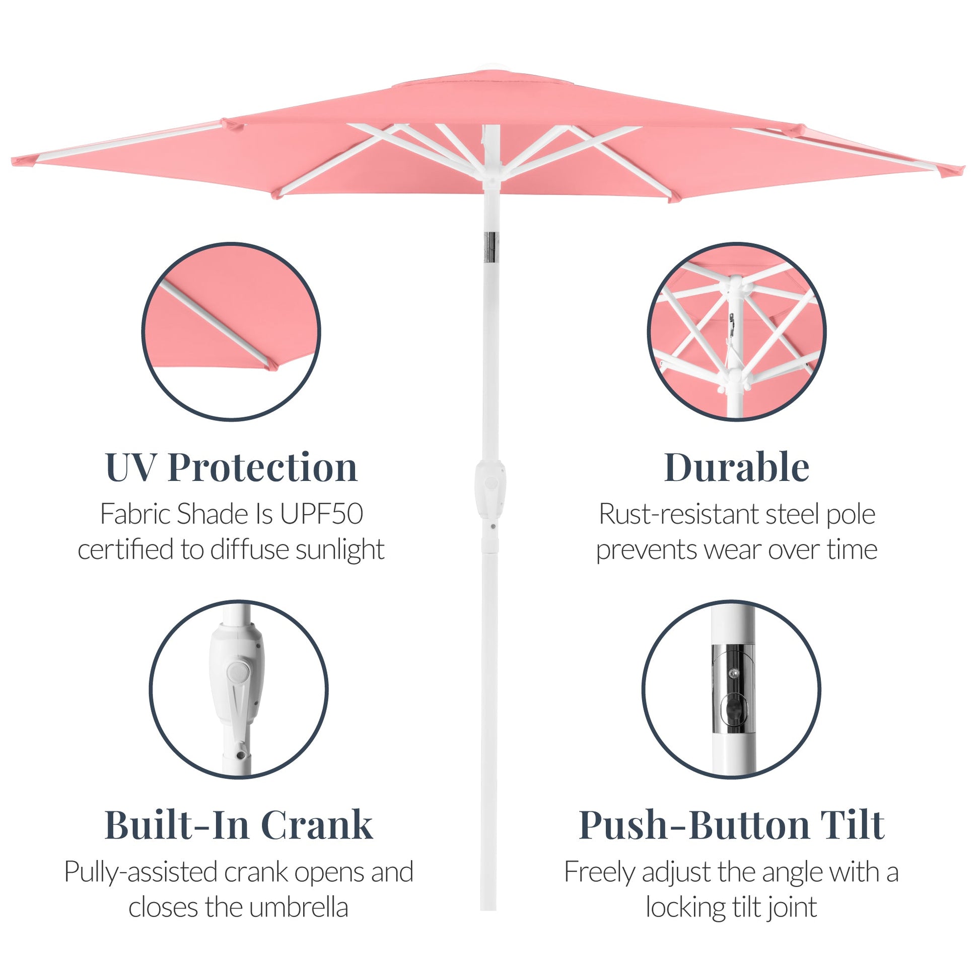 7.5ft Patio Market Umbrella with White Pole, Push Button Tilt and Crank Lift