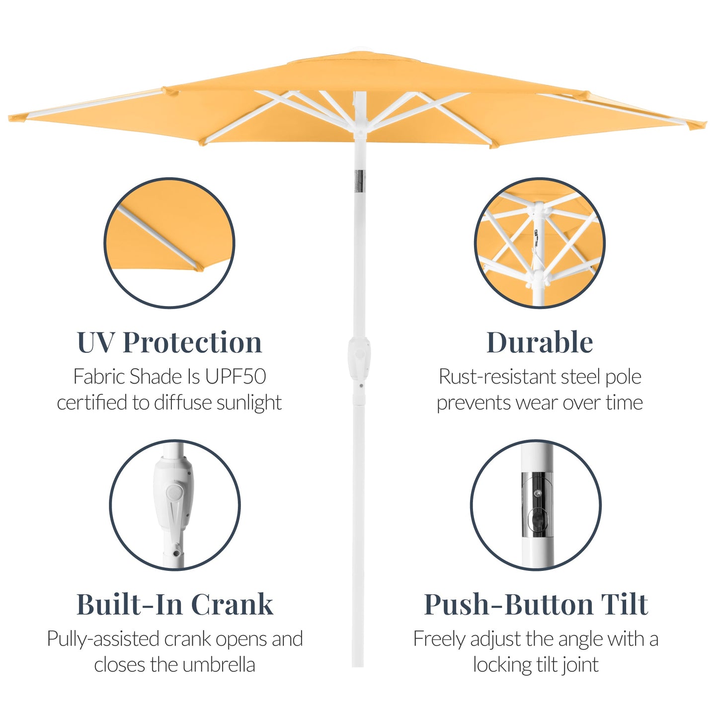 7.5ft Patio Market Umbrella with White Pole, Push Button Tilt and Crank Lift