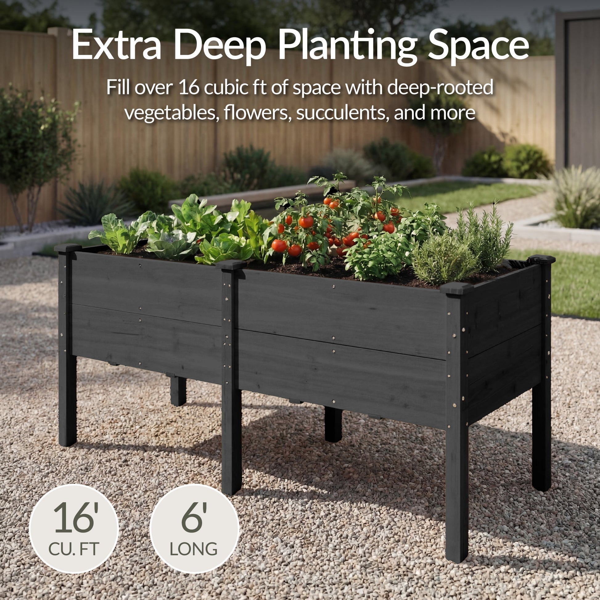 72" x 24" x 30" Raised Wooden Garden Bed w/16" Depth, Elevated Wood Planter