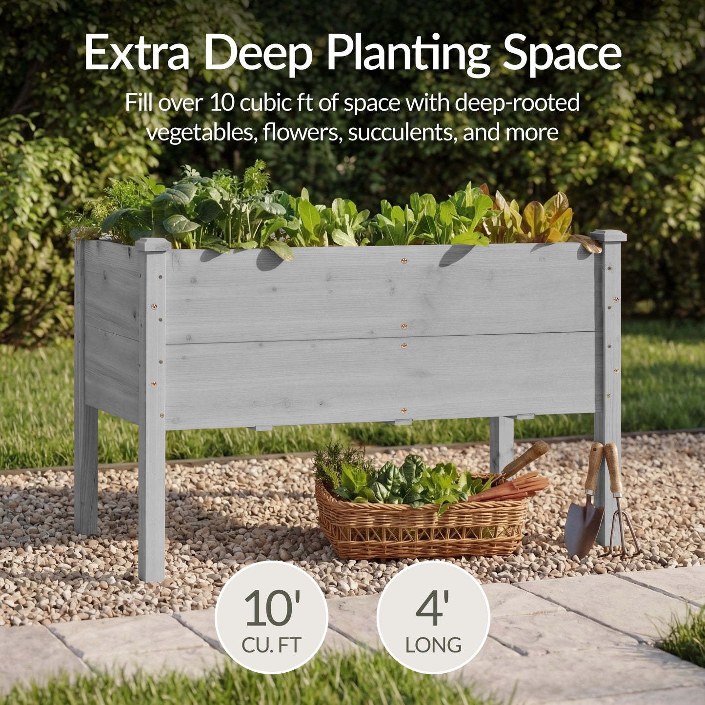 48" x 24" x 30" Raised Wooden Garden Bed w/16" Depth, Elevated Wood Planter