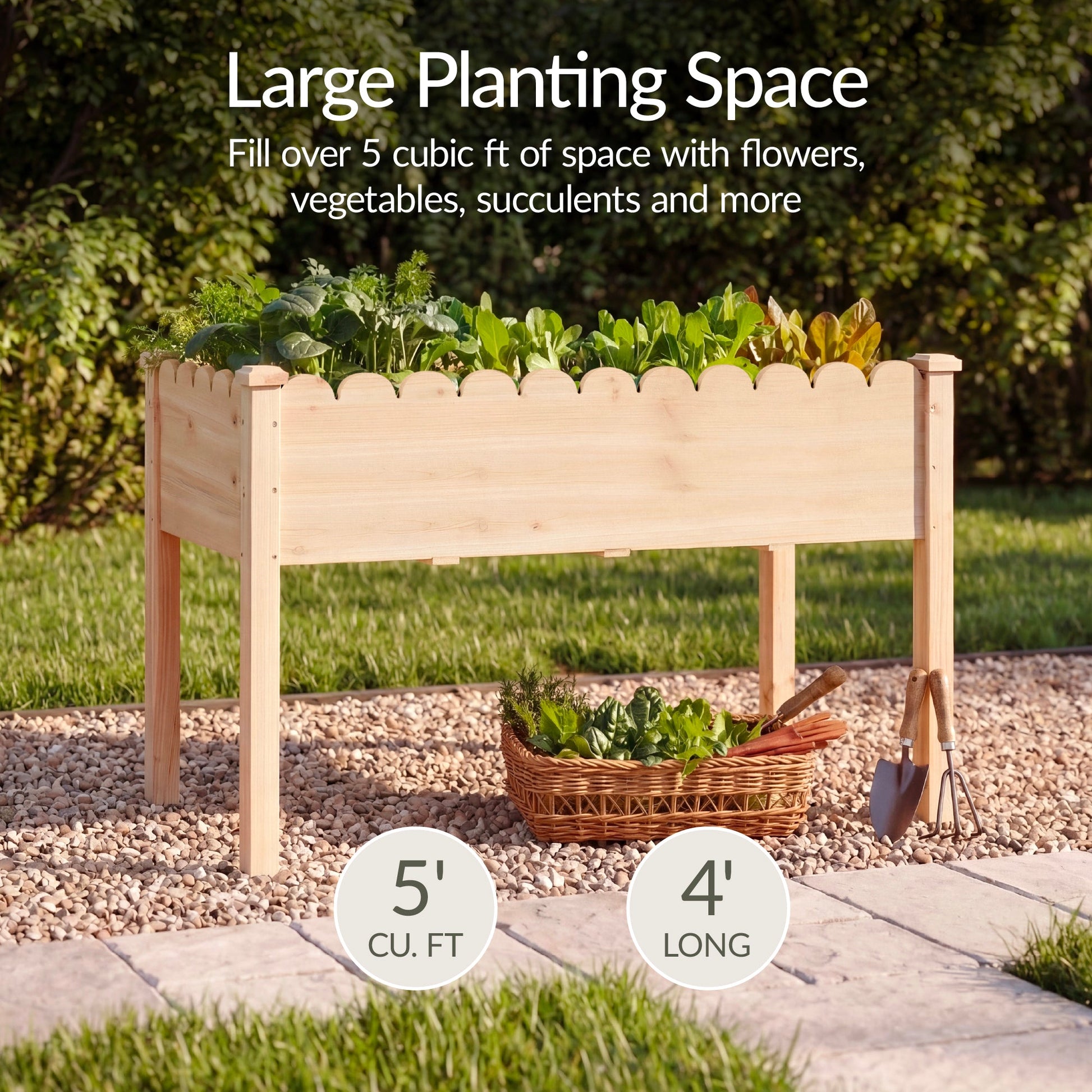Raised Garden Bed, Scalloped Elevated Wooden Planter Box - 48x24x30in