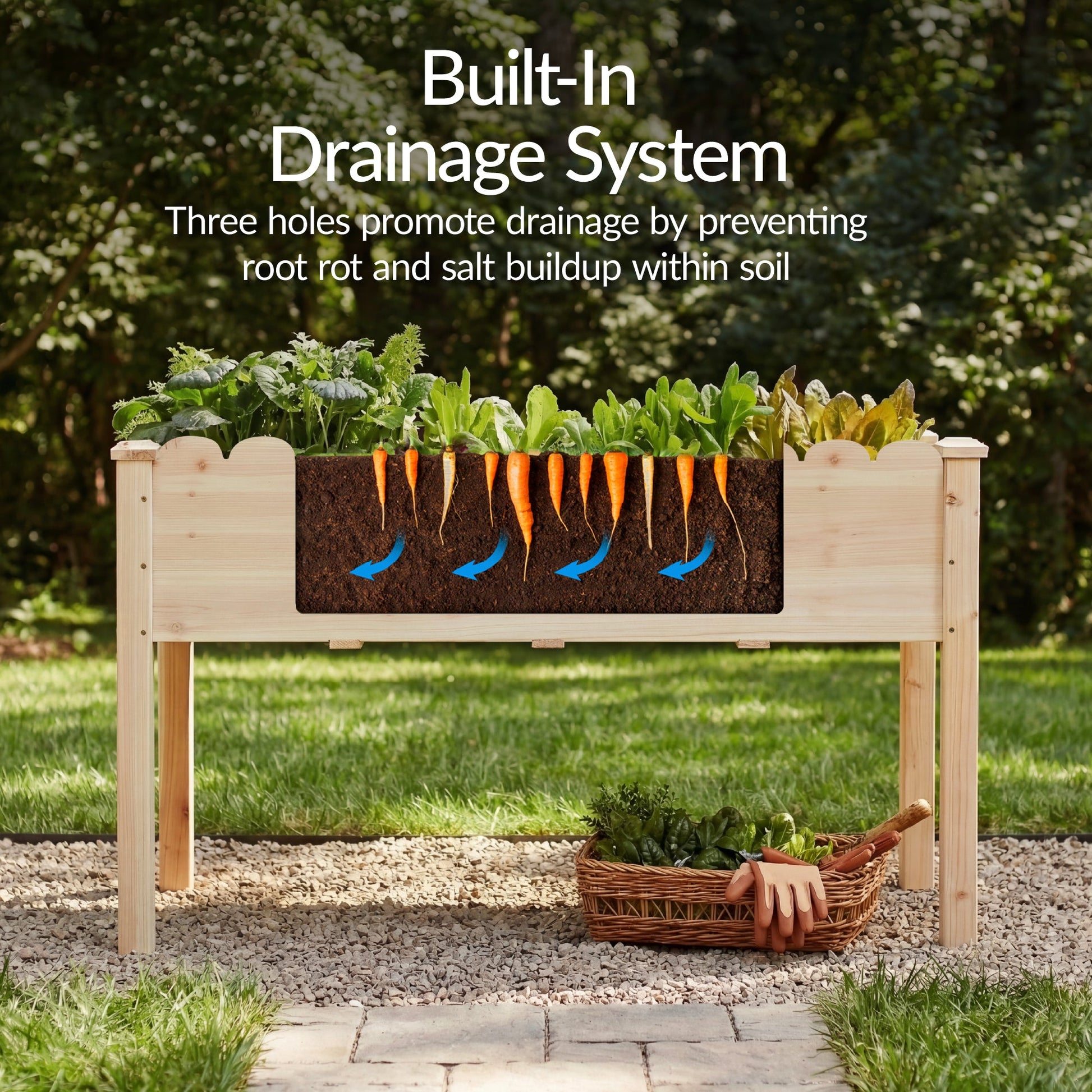 Raised Garden Bed, Scalloped Elevated Wooden Planter Box - 48x24x30in