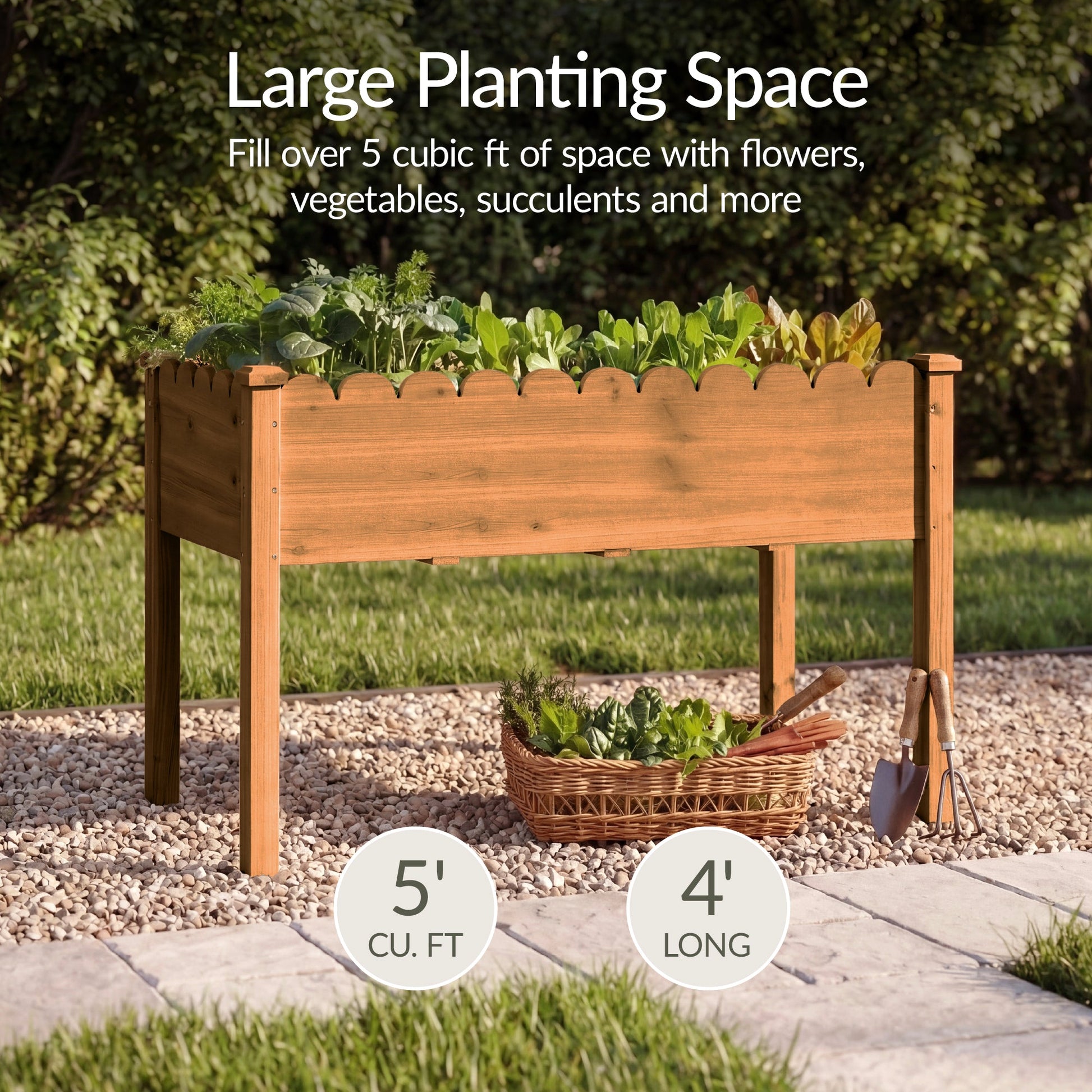 Raised Garden Bed, Scalloped Elevated Wooden Planter Box - 48x24x30in