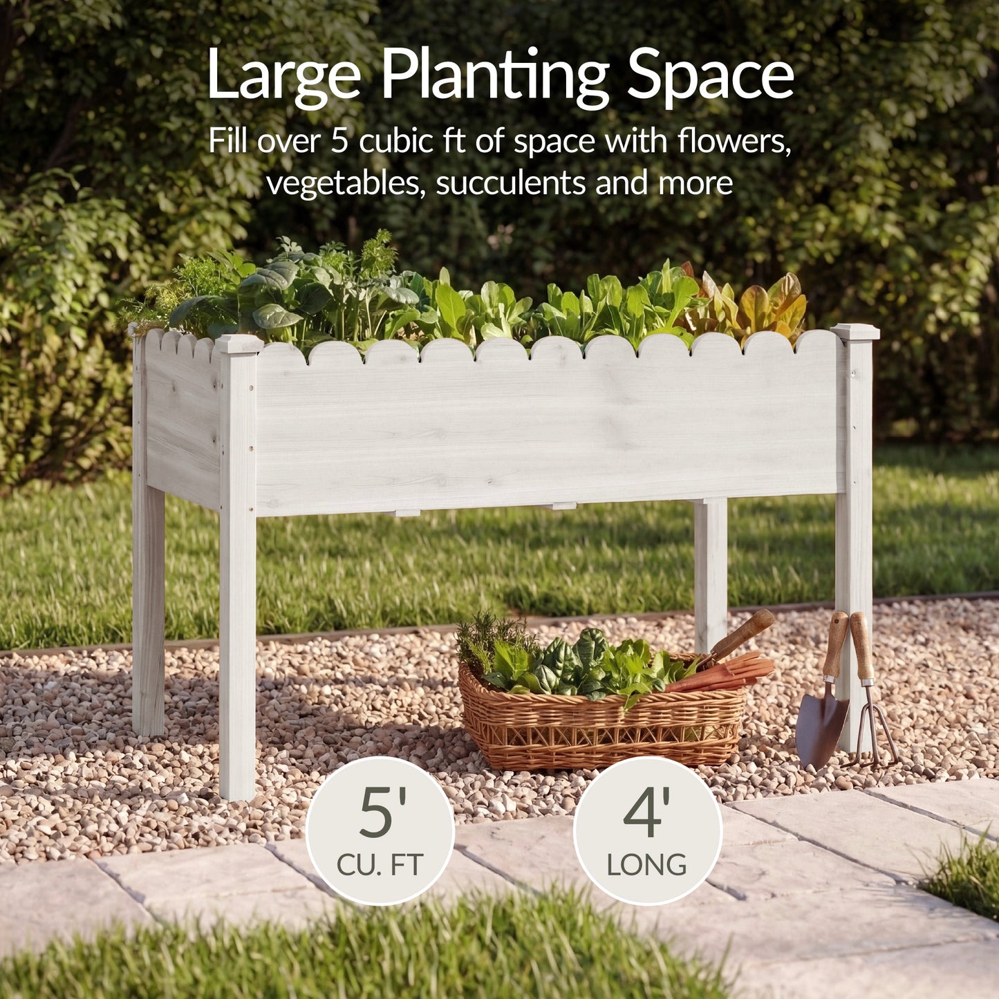 Raised Garden Bed, Scalloped Elevated Wooden Planter Box - 48x24x30in