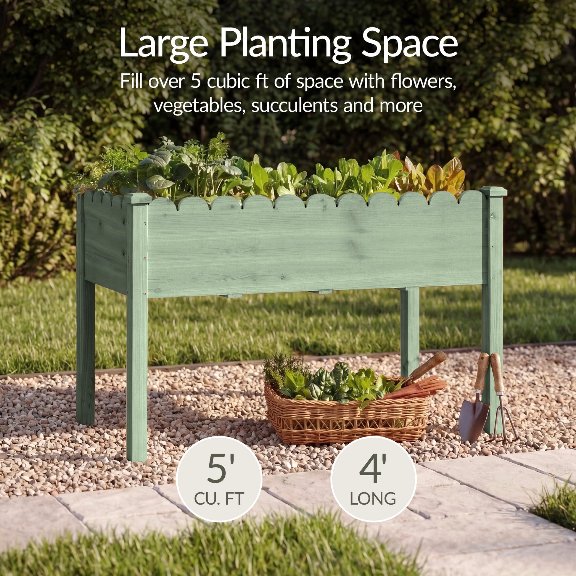 Raised Garden Bed, Scalloped Elevated Wooden Planter Box - 48x24x30in