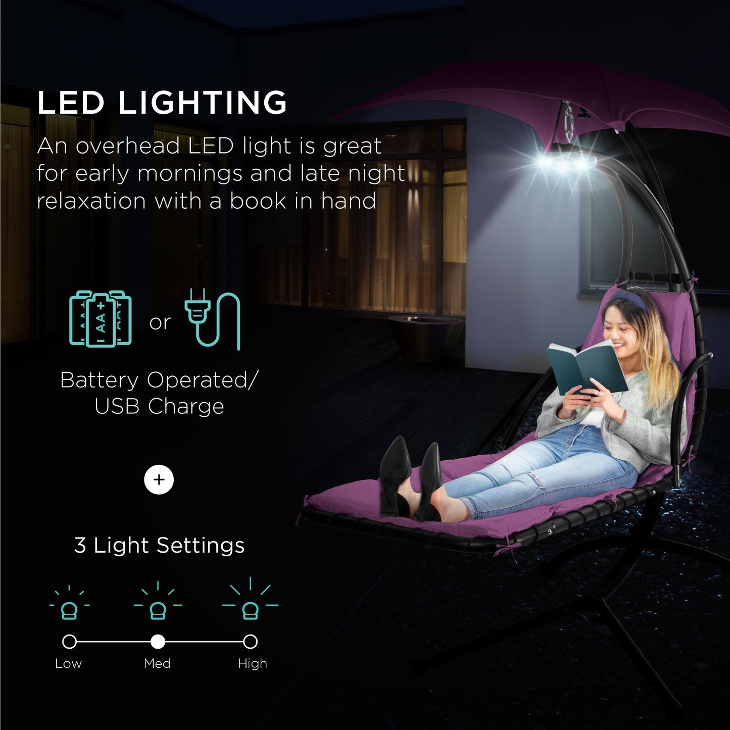 Hanging LED-Lit Curved Chaise Lounge Chair w/ Pillow, Canopy, Stand
